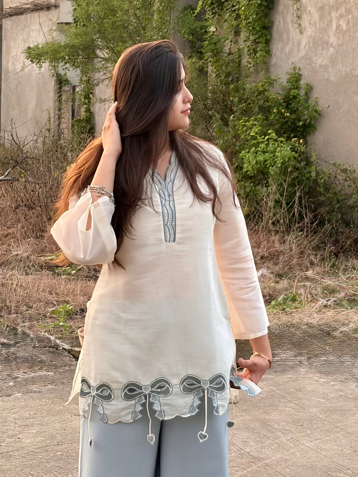 Ivory & Sky Blue Bow Kurta Co-ord Set