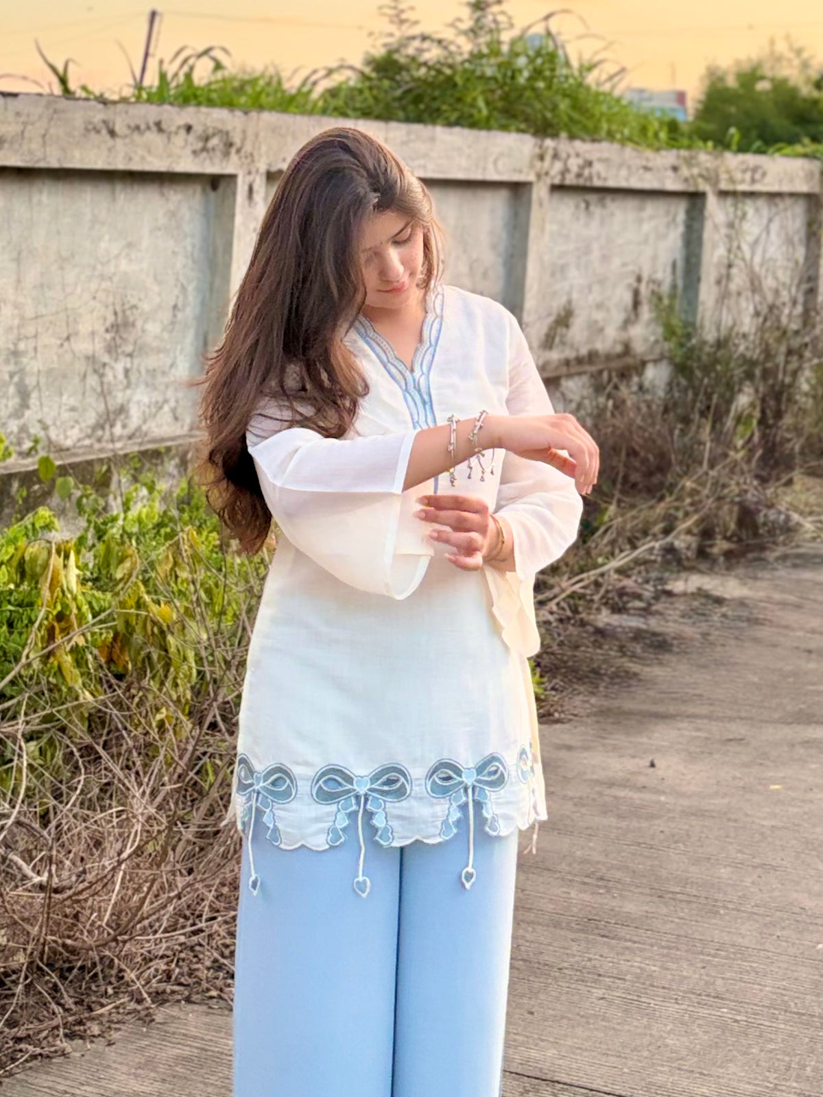 Ivory & Sky Blue Bow Kurta Co-ord Set