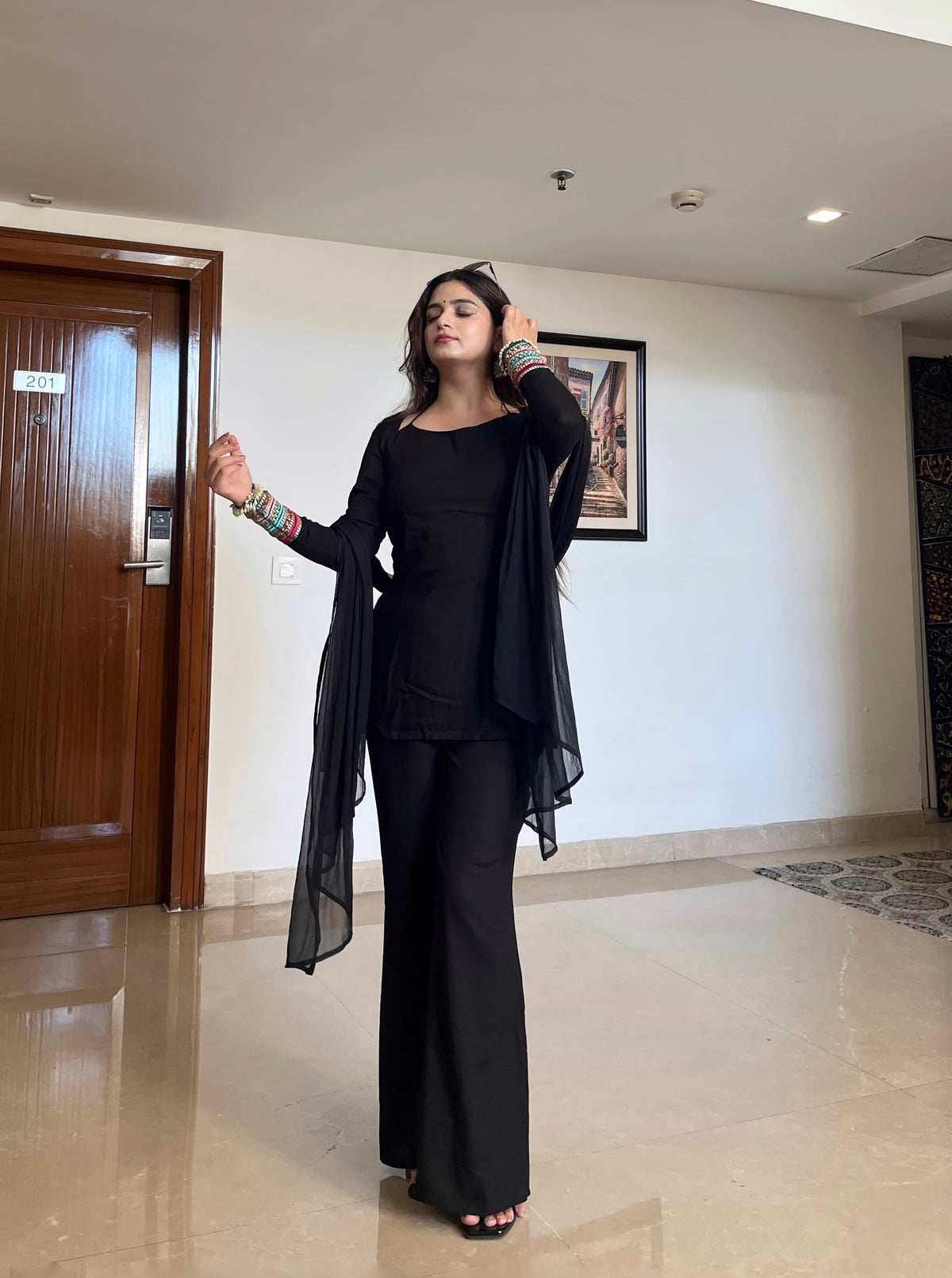 Black Sleeve Handwork Kurta Set