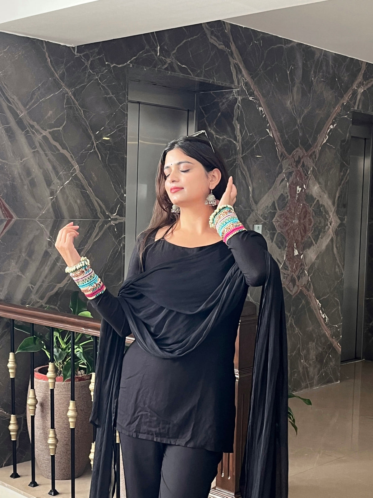 Black Sleeve Handwork Kurta Set