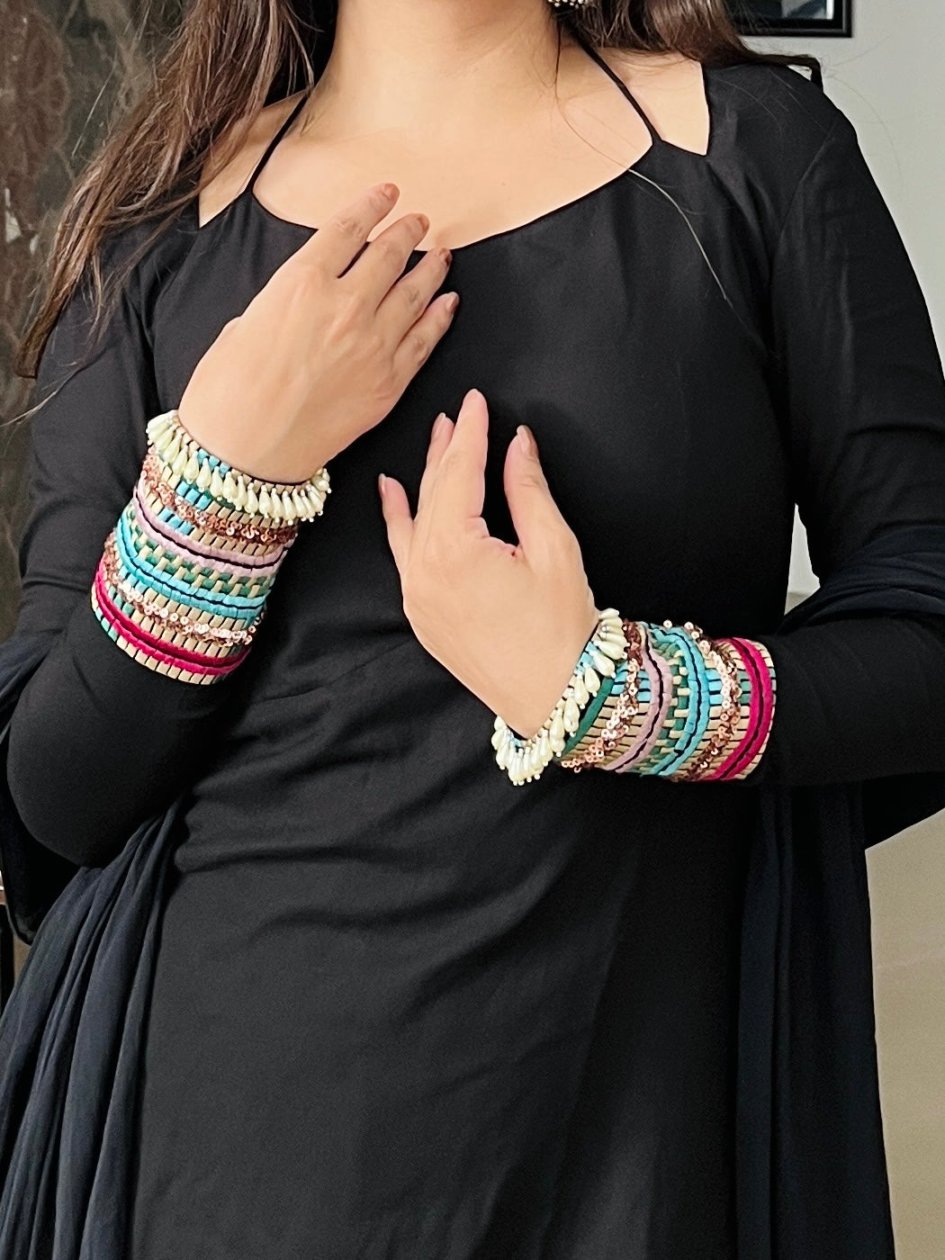 Black Sleeve Handwork Kurta Set