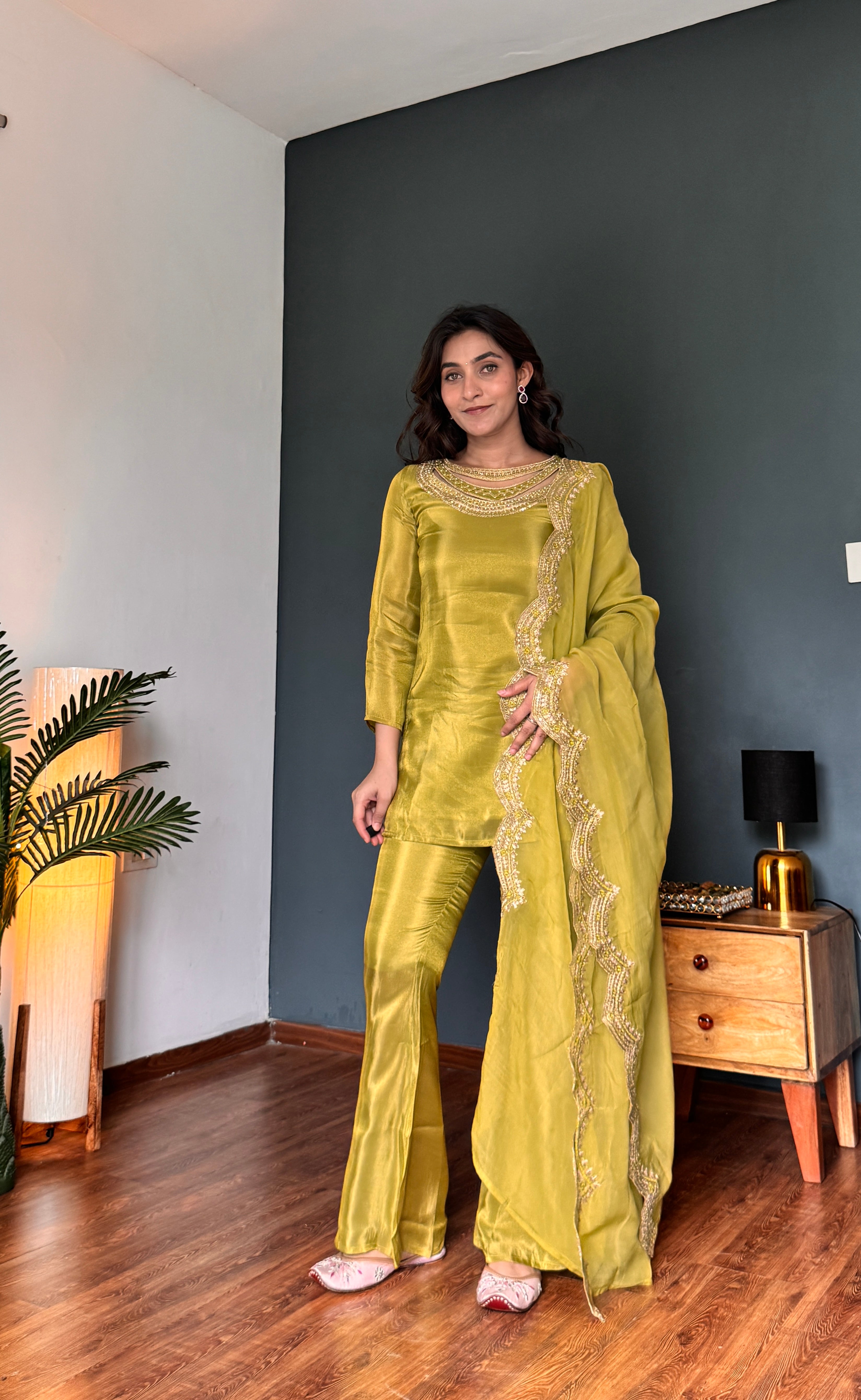 Mehendi Green Neckline Work