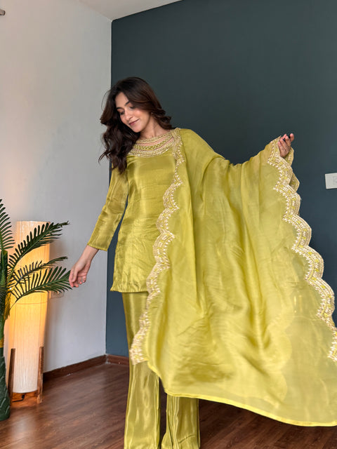 Mehendi Green Neckline Work