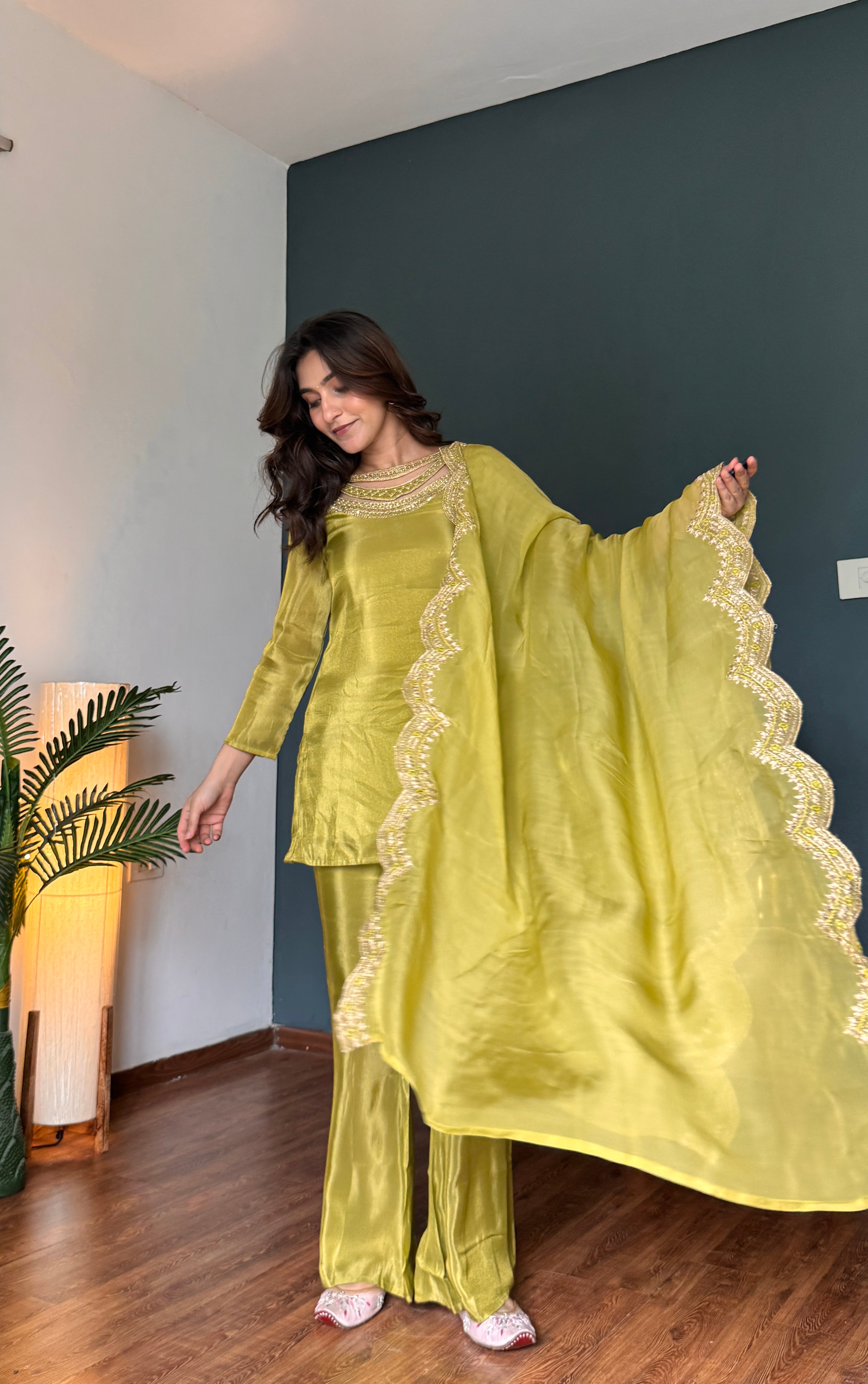 Mehendi Green Neckline Work