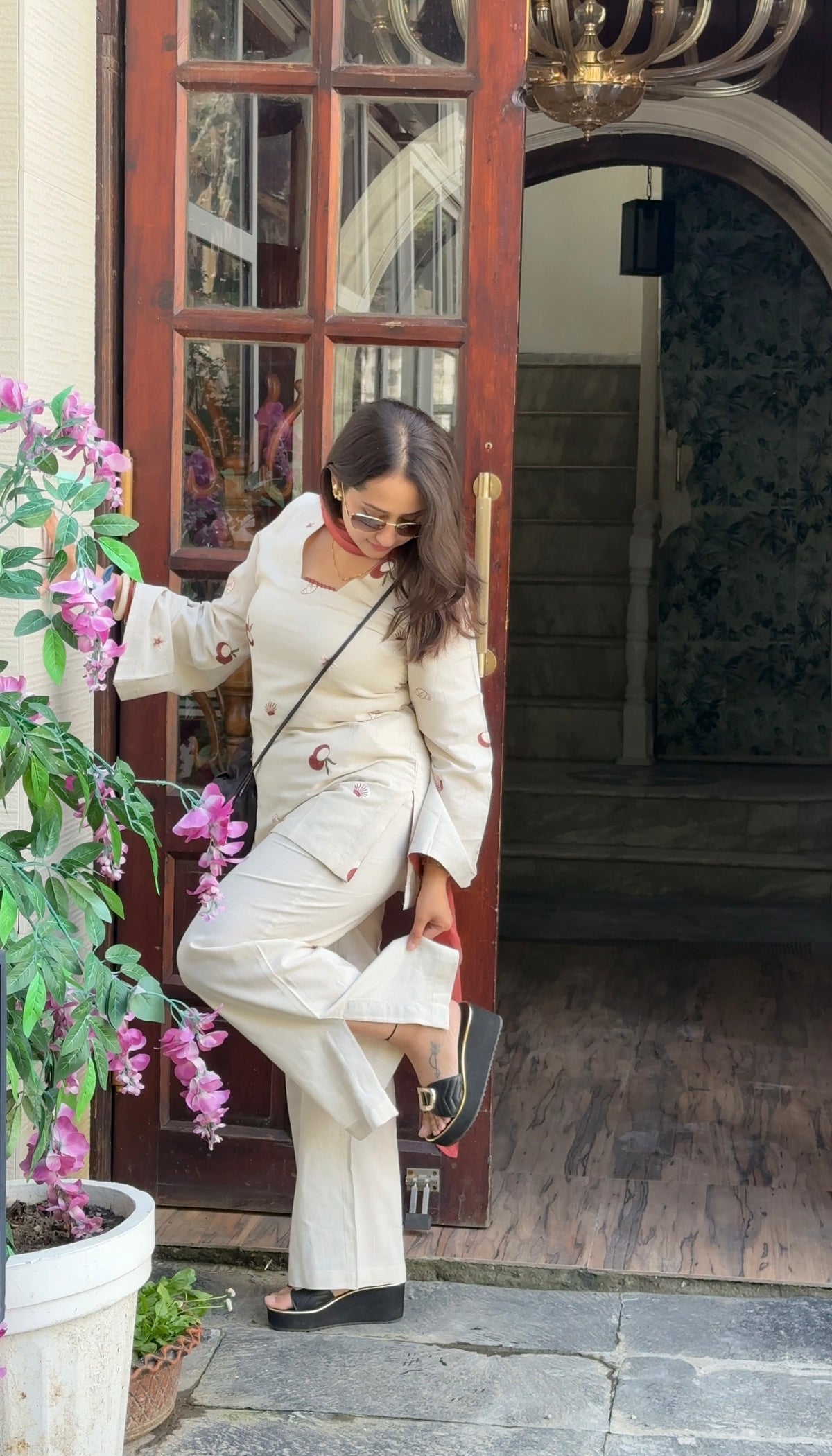 Coconut Embroidery Cotton Kurta with Contrast Dupatta