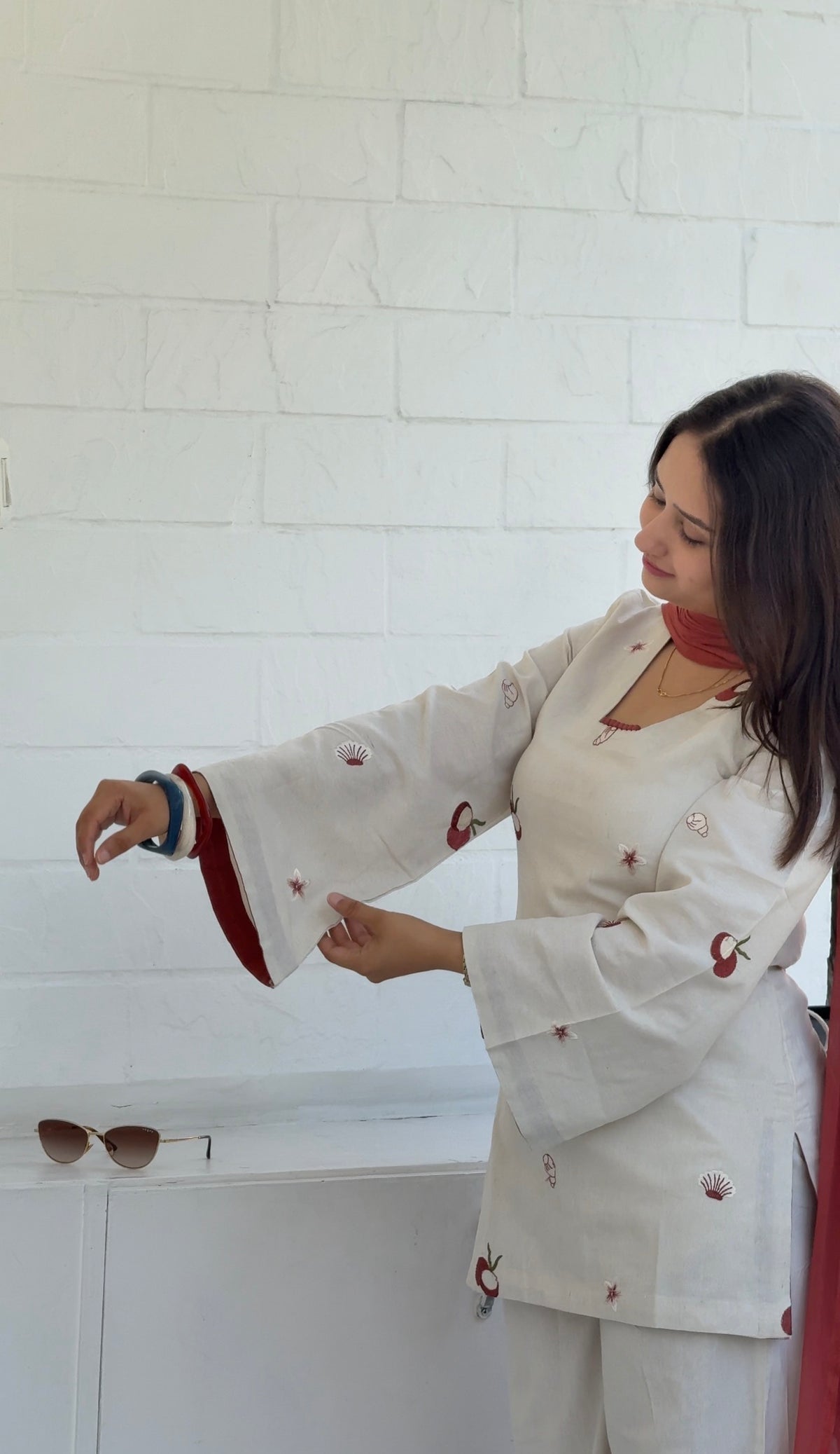 Coconut Embroidery Cotton Kurta with Contrast Dupatta