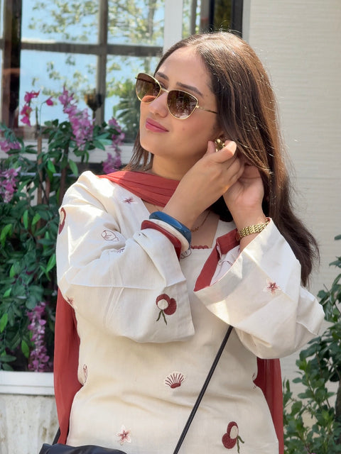 Coconut Embroidery Cotton Kurta with Contrast Dupatta