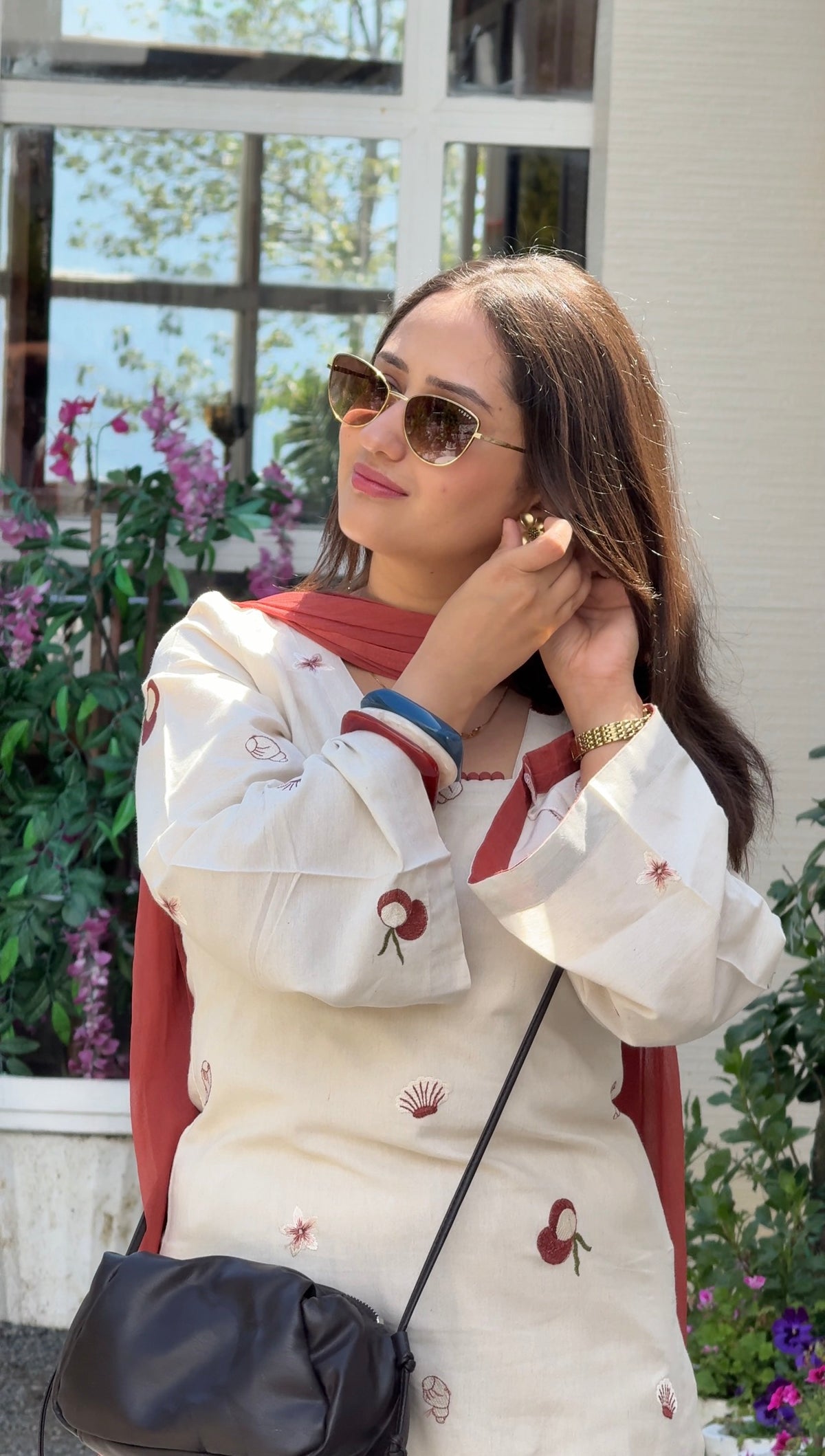 Coconut Embroidery Cotton Kurta with Contrast Dupatta