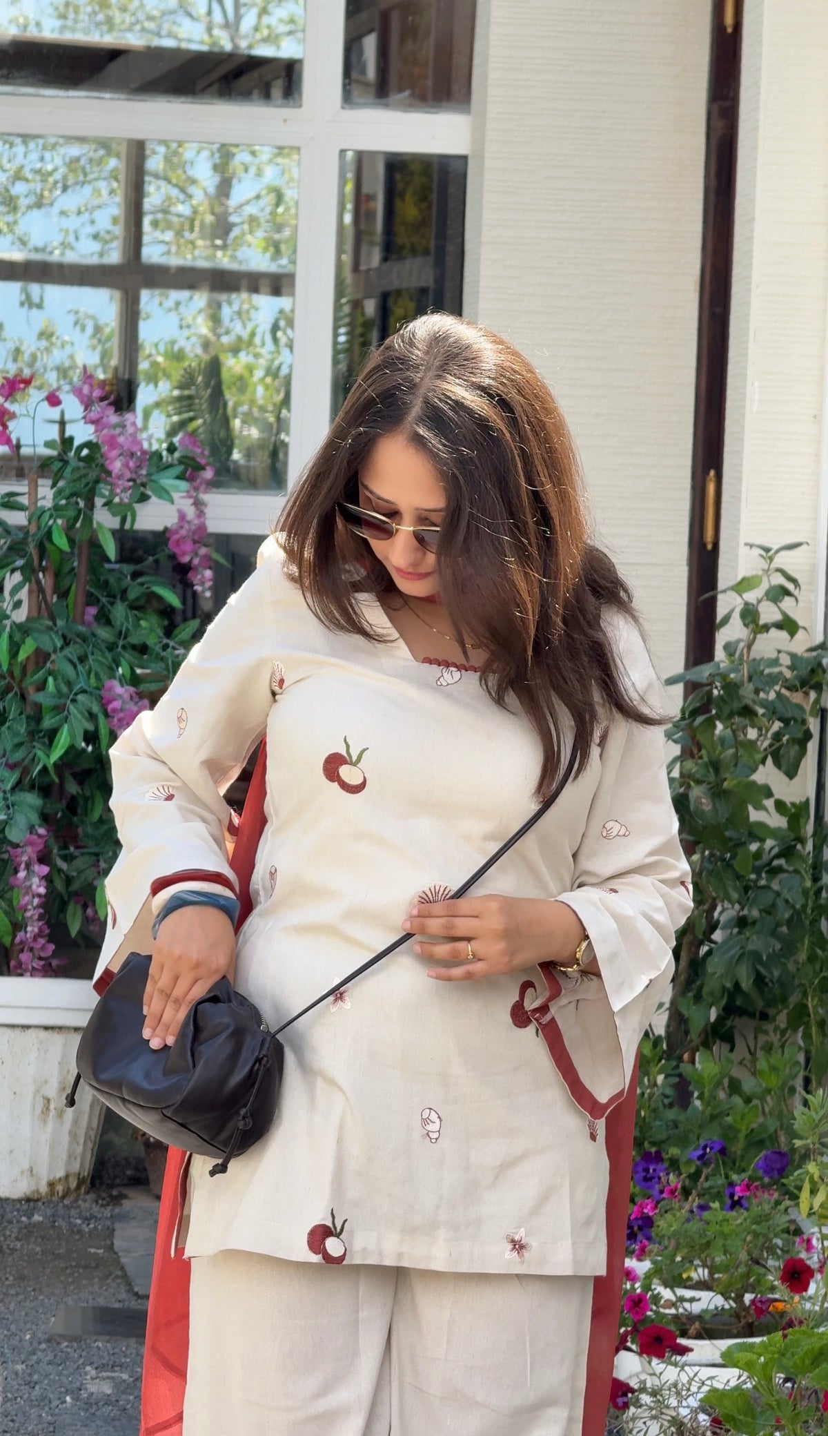 Coconut Embroidery Cotton Kurta with Contrast Dupatta