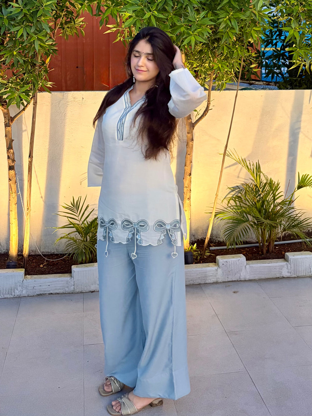 Ivory & Sky Blue Bow Kurta Co-ord Set