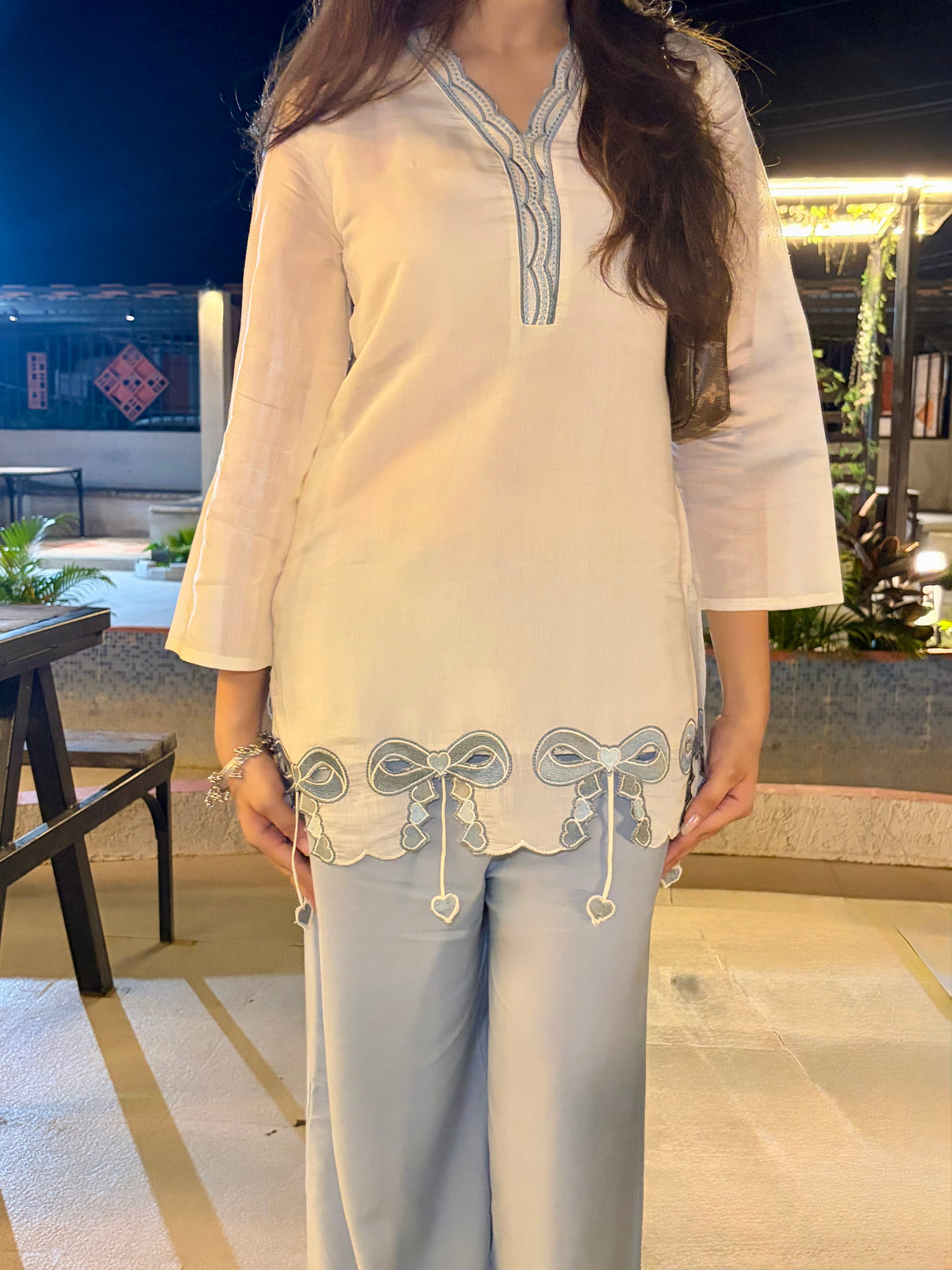 Ivory & Sky Blue Bow Kurta Co-ord Set