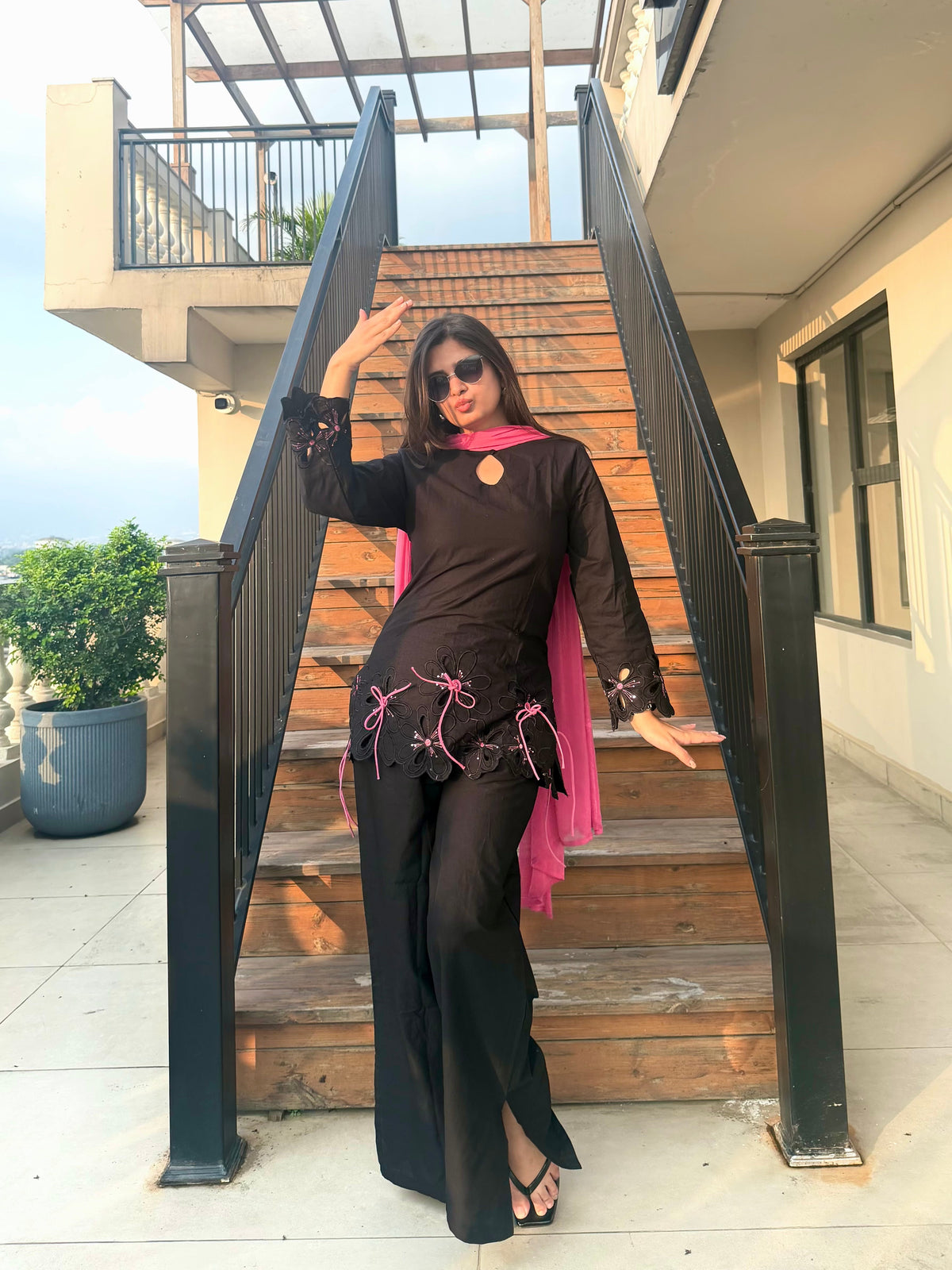 Black Pink Bow Farsi Salwar Set