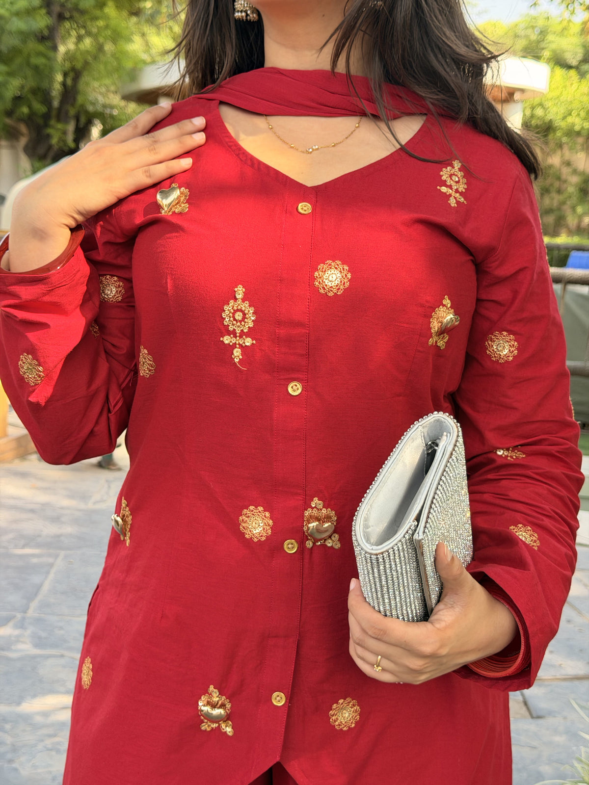 Festive Red 3D Metallic Heart Embroidery Kurta Set With Dupatta