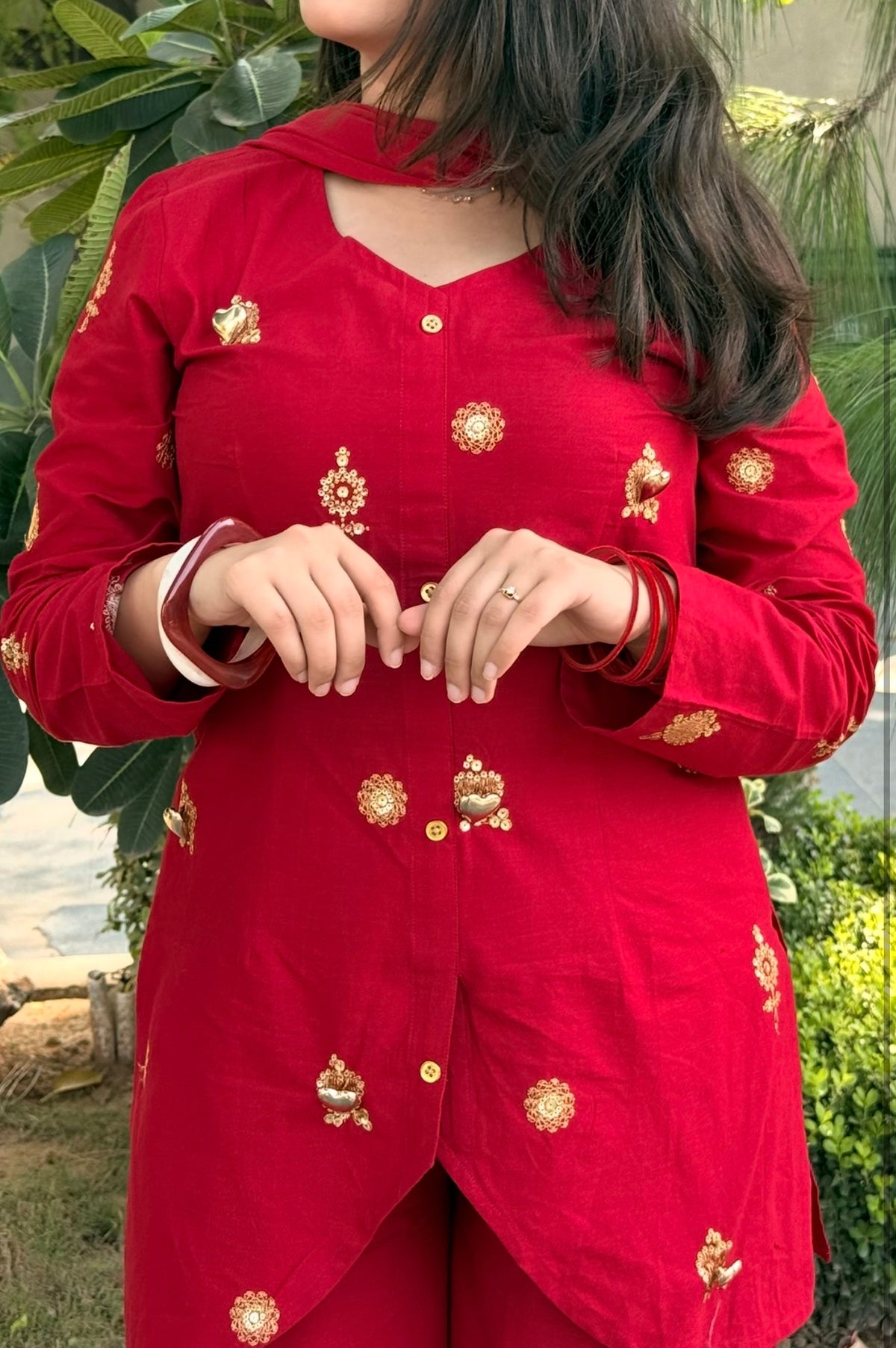 Festive Red 3D Metallic Heart Embroidery Kurta Set With Dupatta