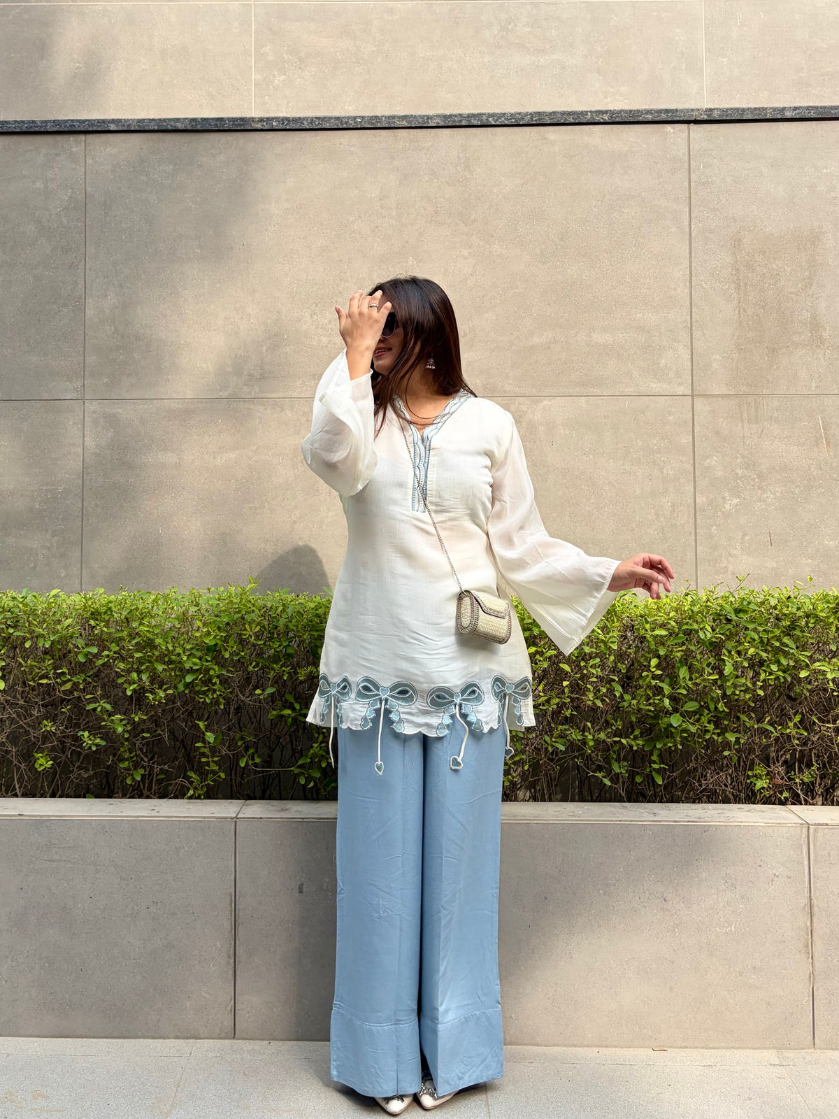 Ivory & Sky Blue Bow Kurta Co-ord Set