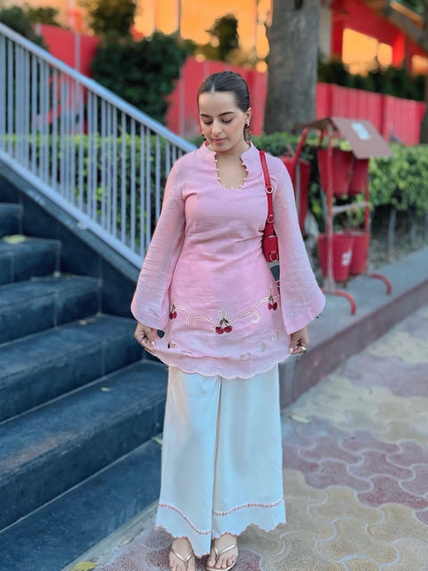 Pink Cherry & Heart Farsi Salwar Set With Pockets
