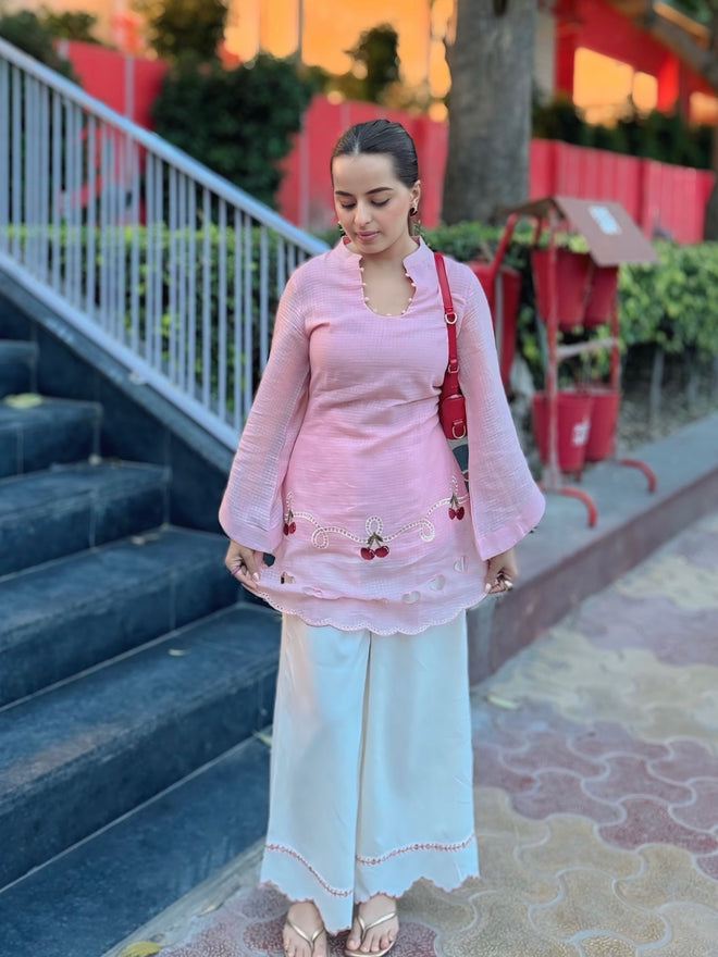 Pink Cherry & Heart Farsi Salwar Set With Pockets