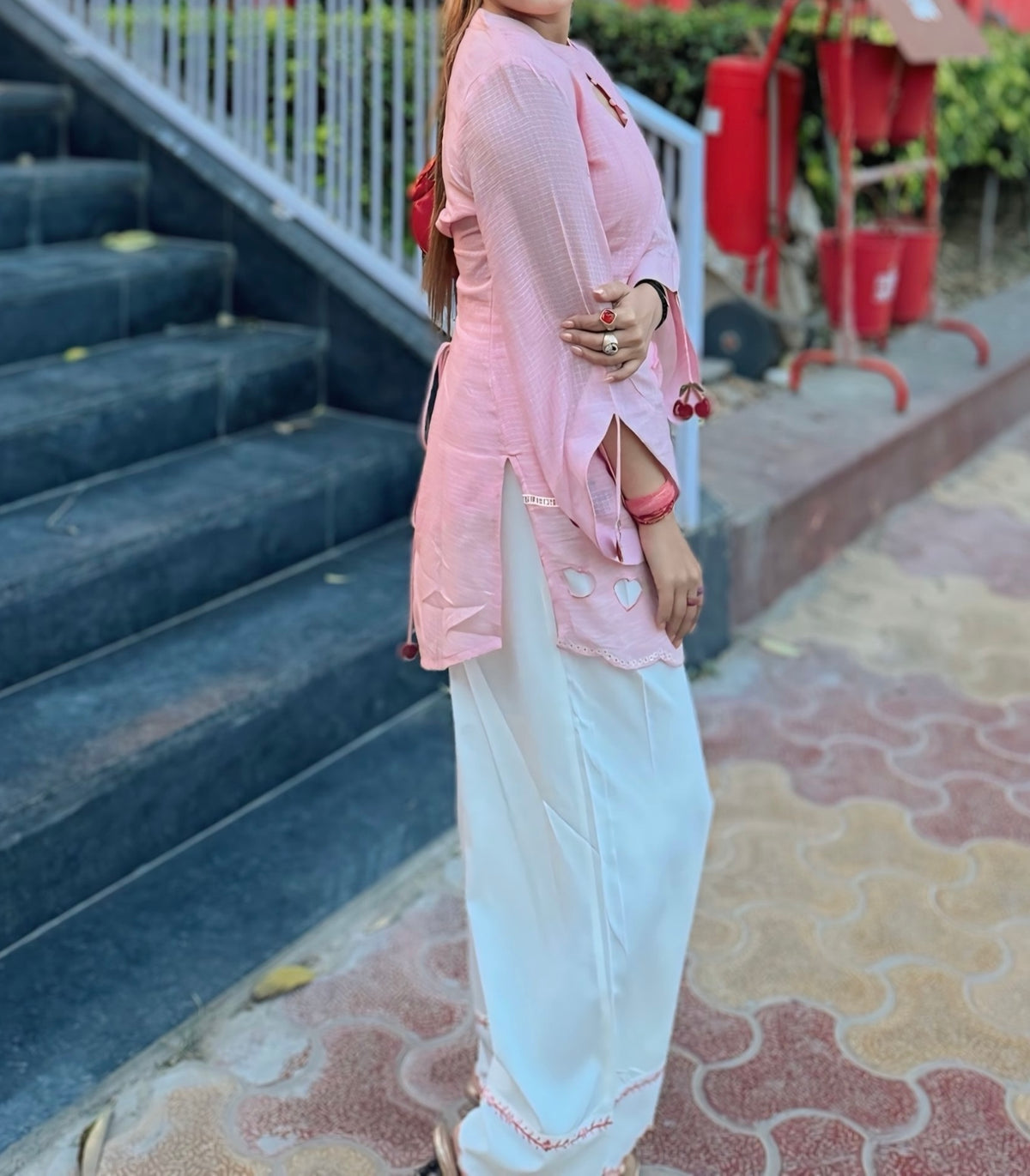 Pink Cherry & Heart Farsi Salwar Set With Pockets