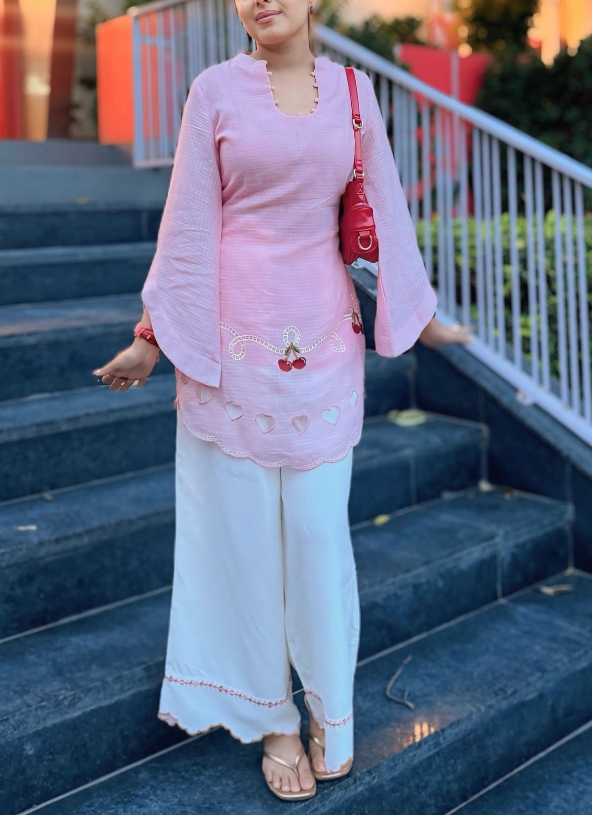 Pink Cherry & Heart Farsi Salwar Set With Pockets