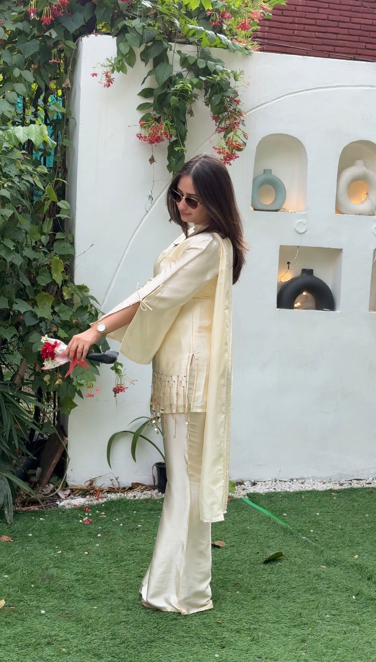 Pearl White Silk Blend Full Sleeve Handwork 3Pc Set