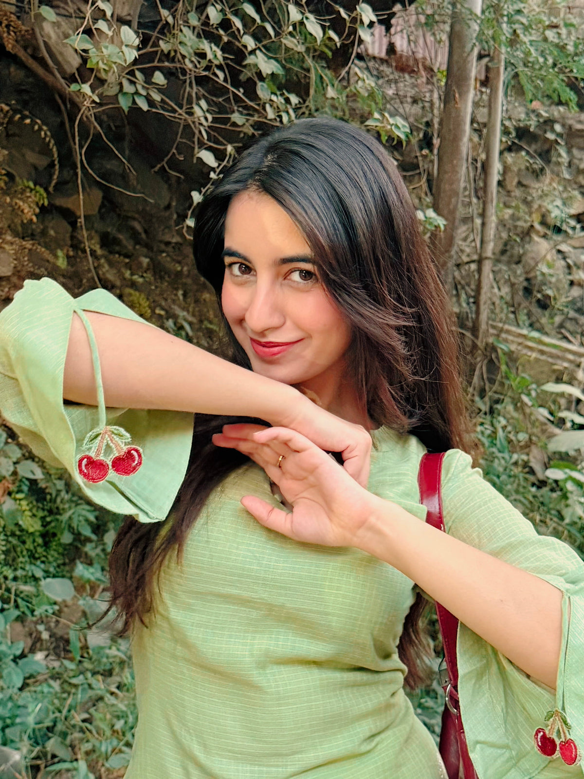 Green Cherry & Heart Farsi Salwar Set With Pockets