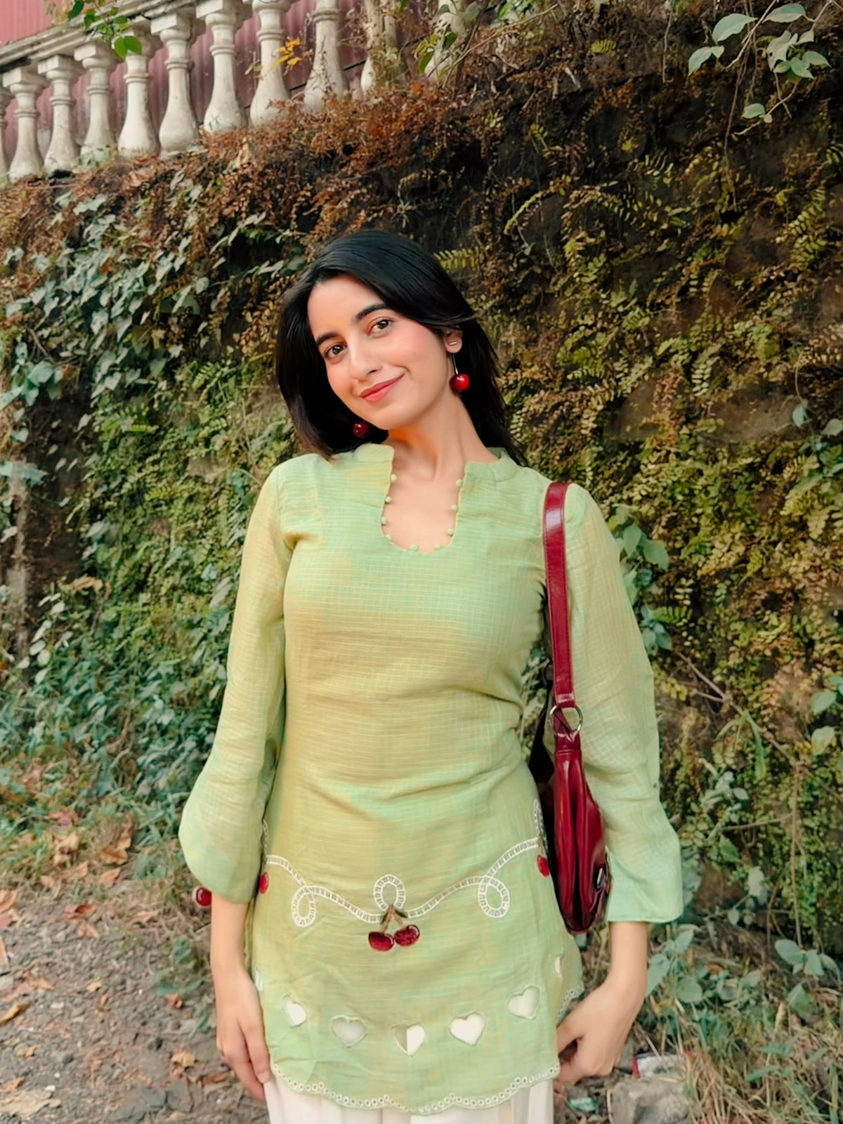 Green Cherry & Heart Farsi Salwar Set With Pockets