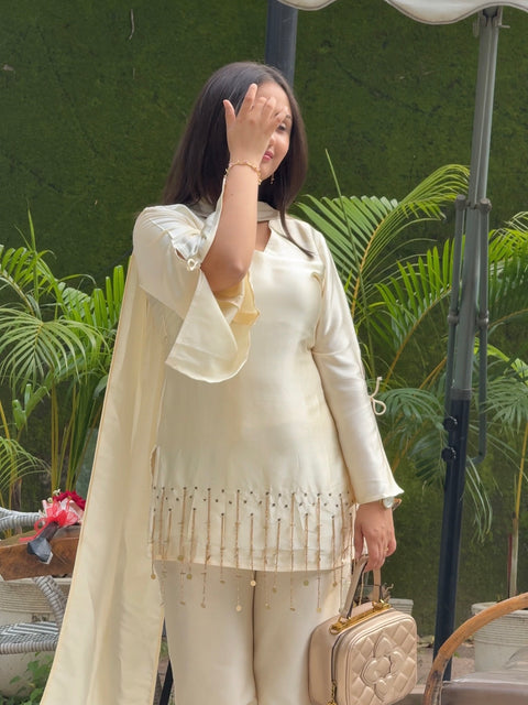 Pearl White Silk Blend Full Sleeve Handwork 3Pc Set
