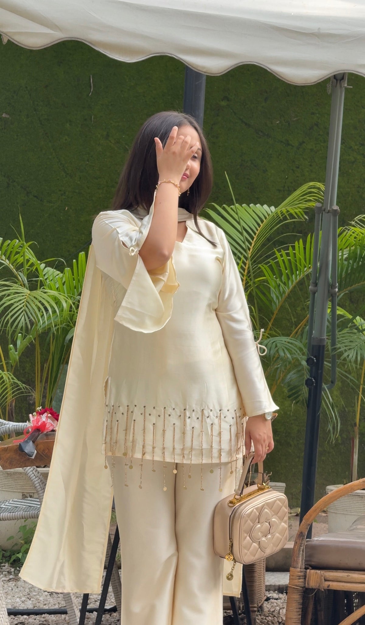 Pearl White Silk Blend Full Sleeve Handwork 3Pc Set