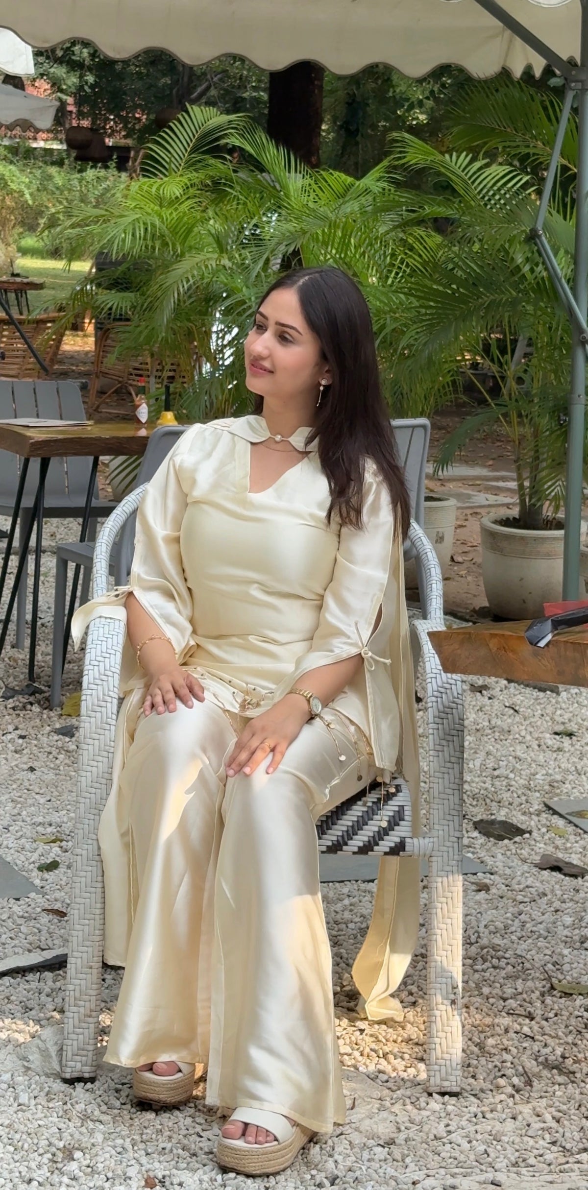 Pearl White Silk Blend Full Sleeve Handwork 3Pc Set