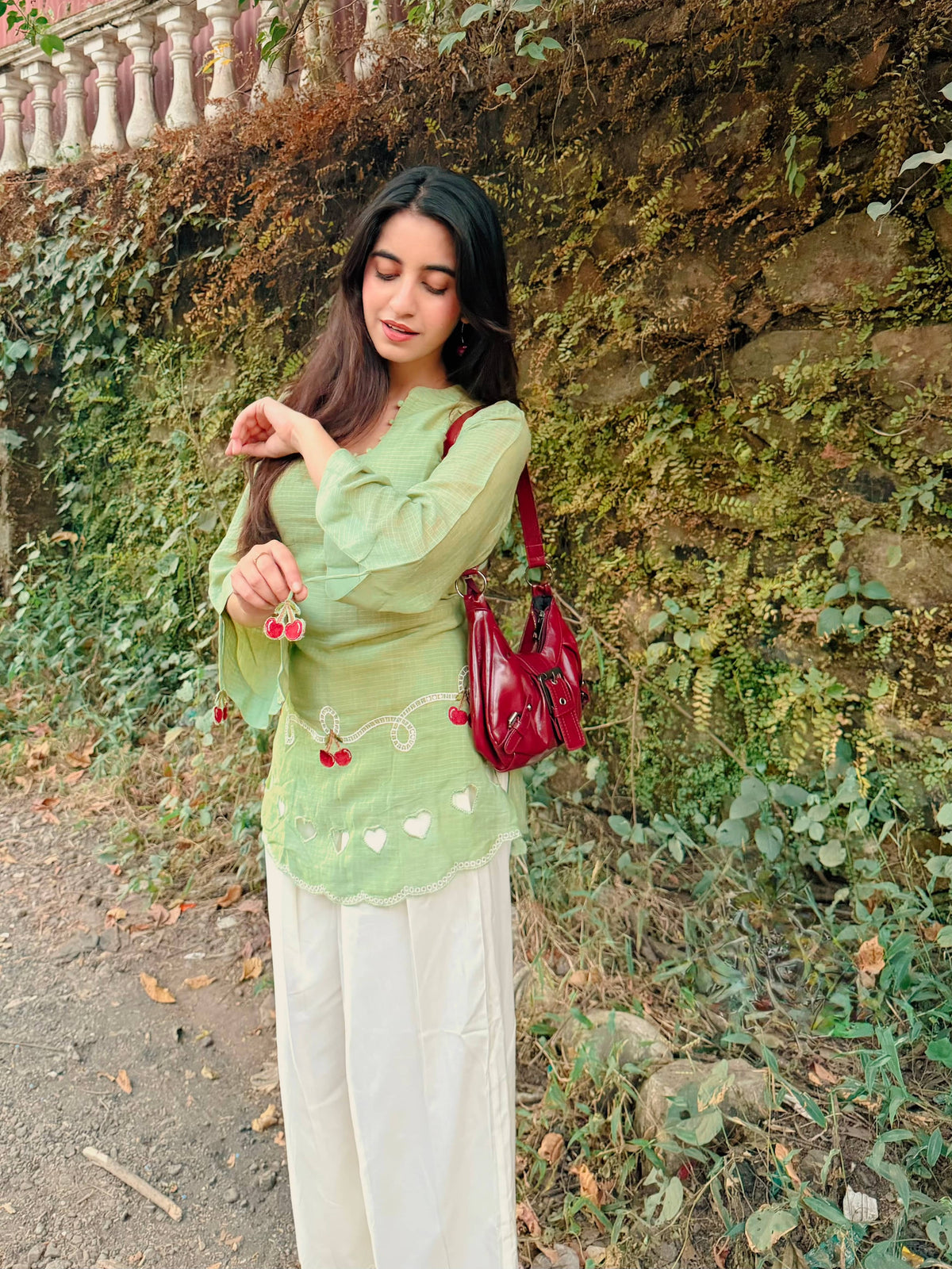 Green Cherry & Heart Farsi Salwar Set With Pockets