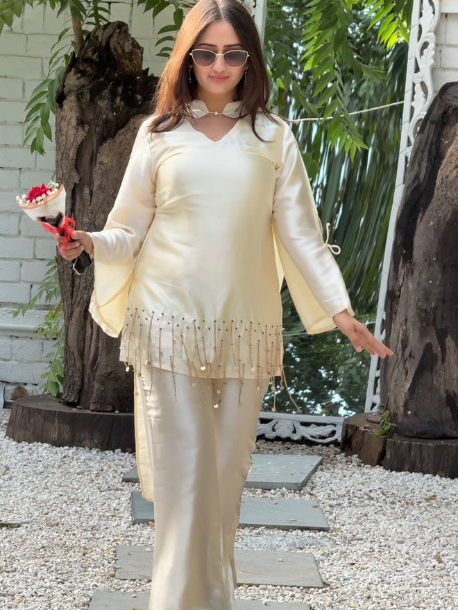 Pearl White Silk Blend Full Sleeve Handwork 3Pc Set