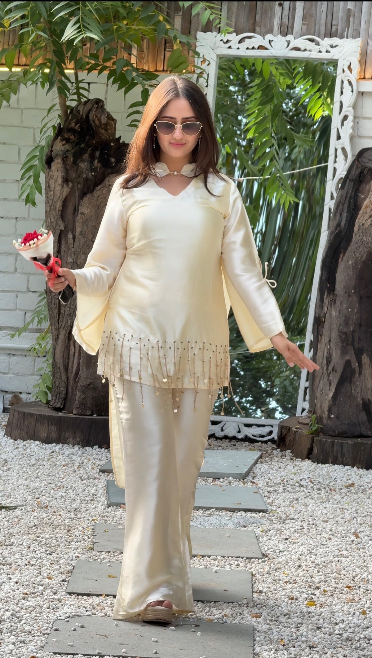 Pearl White Silk Blend Full Sleeve Handwork 3Pc Set