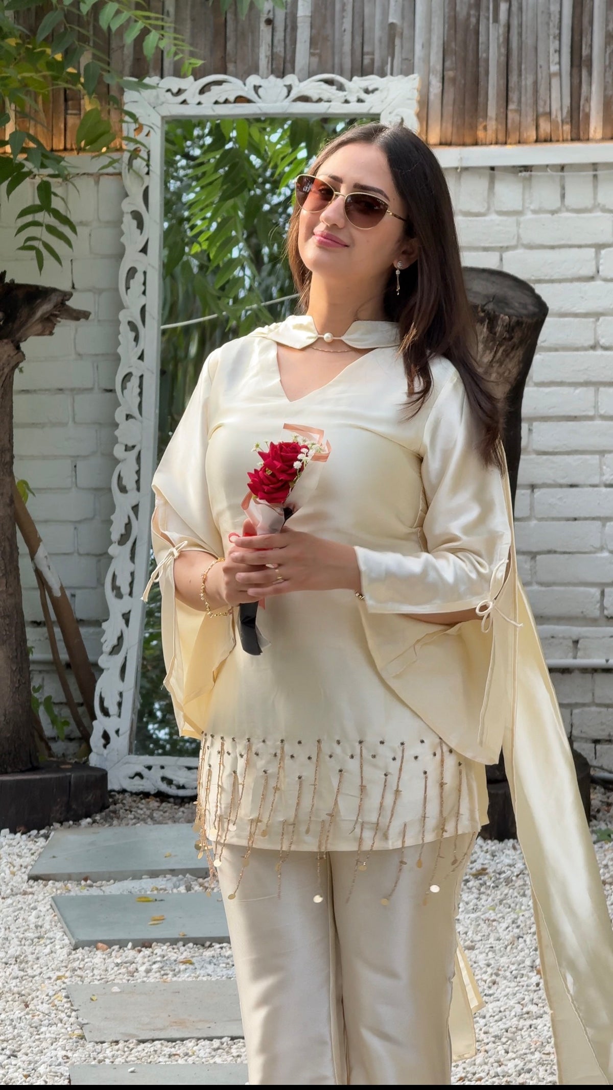 Pearl White Silk Blend Full Sleeve Handwork 3Pc Set