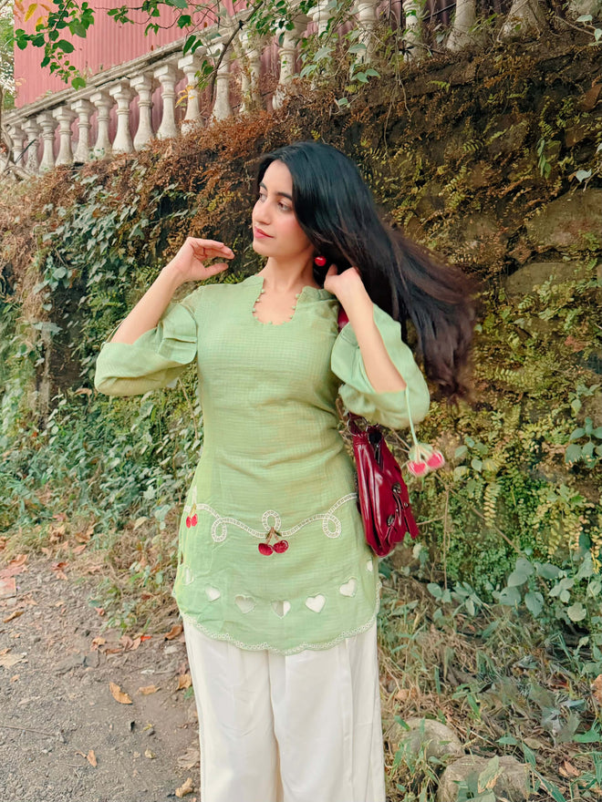 Green Cherry & Heart Farsi Salwar Set With Pockets