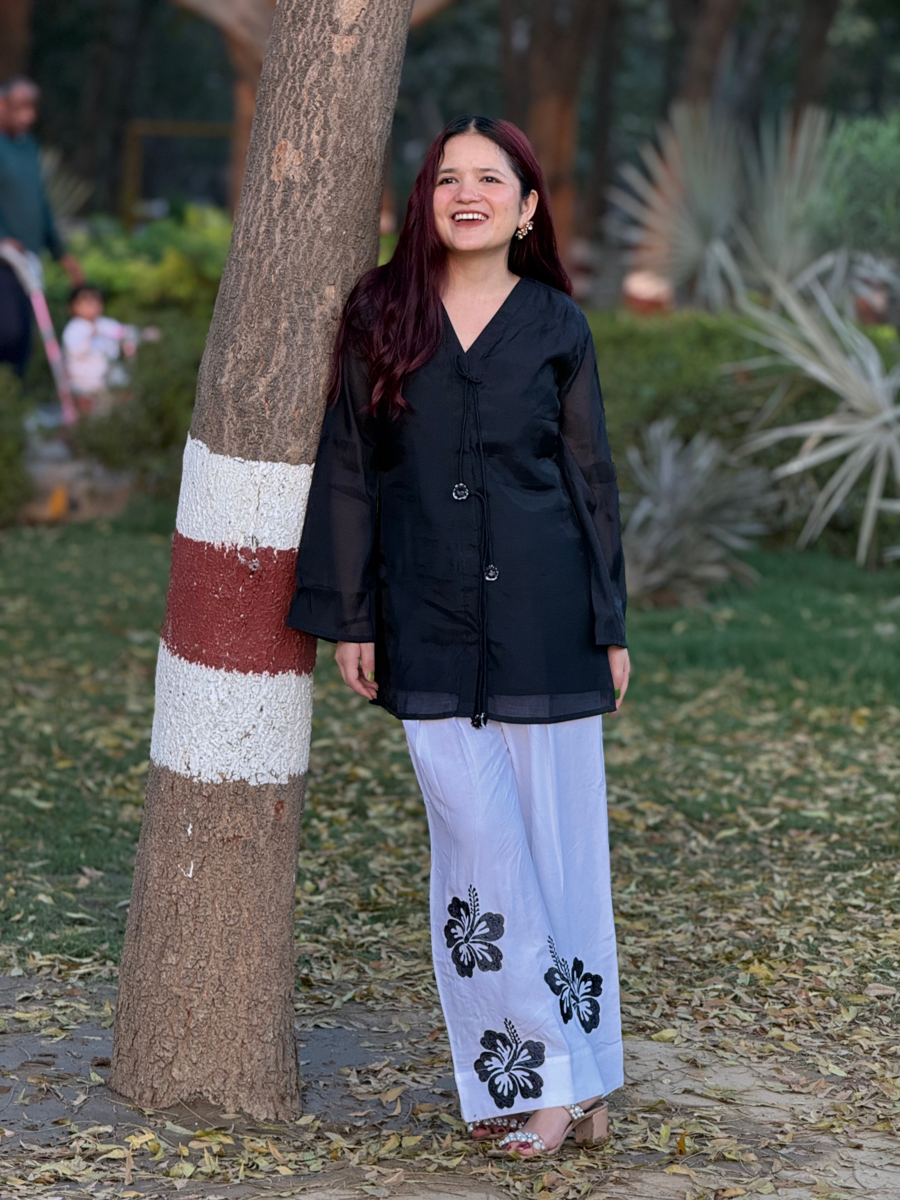 Black Hibiscus Embroidered Co-ord Set