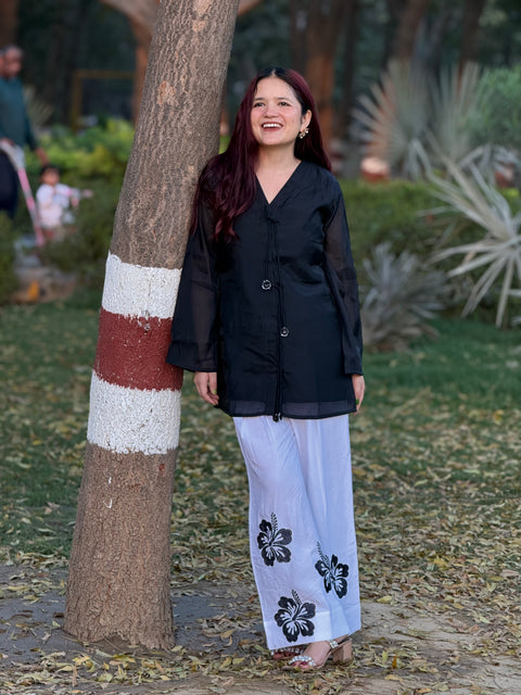 Black Hibiscus Embroidered Co-ord Set