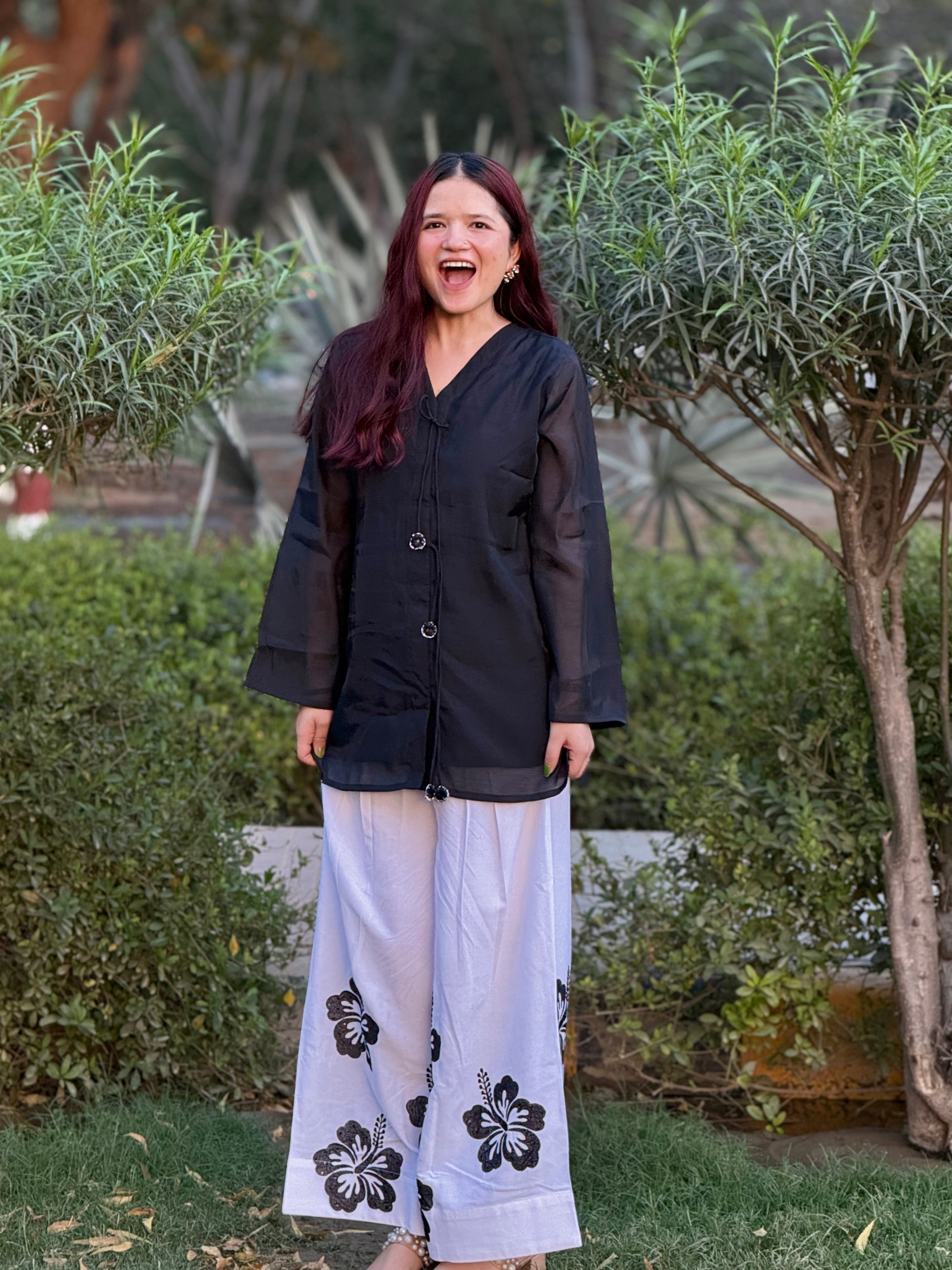 Black Hibiscus Embroidered Co-ord Set