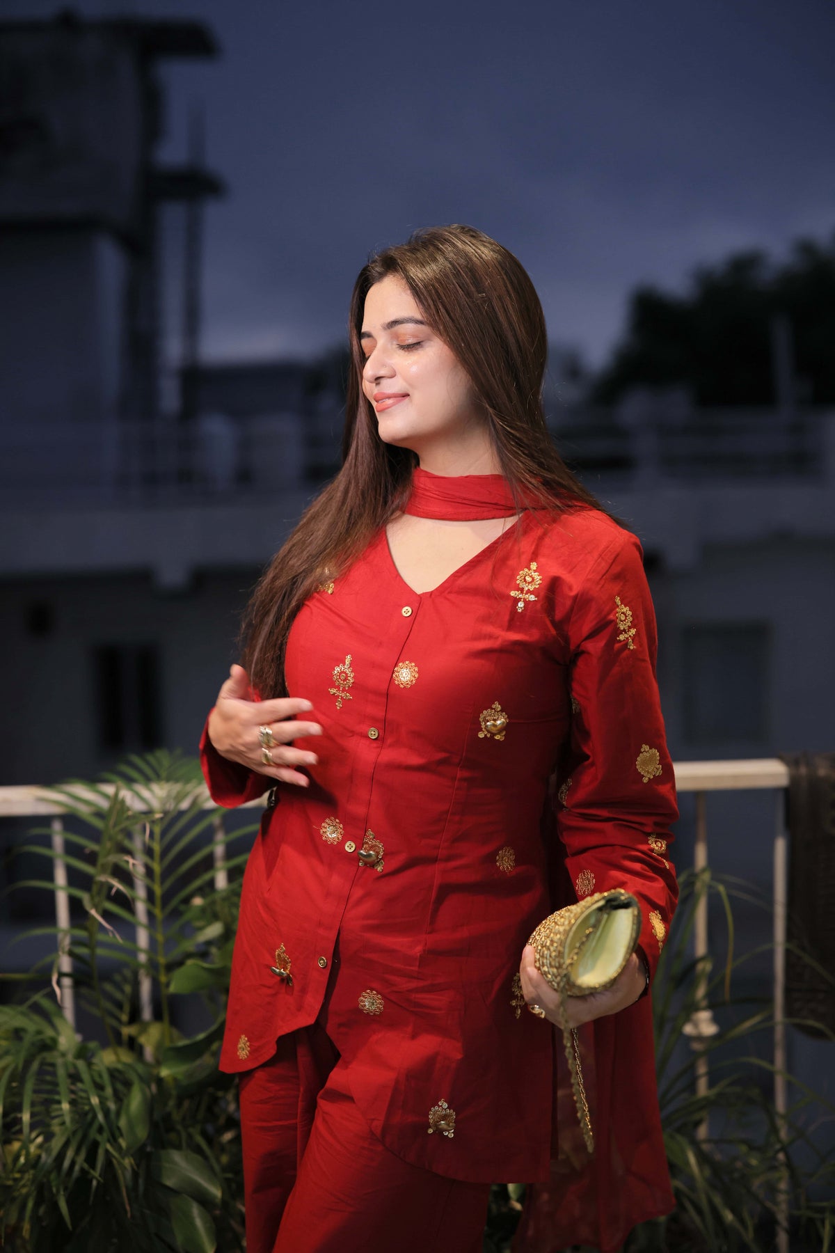 Festive Red 3D Metallic Heart Embroidery Kurta Set With Dupatta