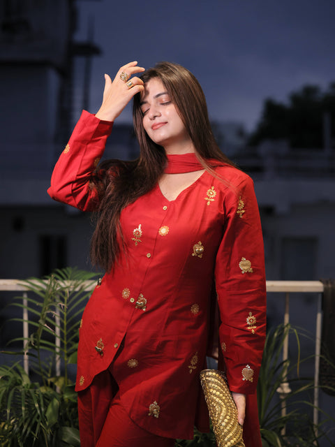 Festive Red 3D Metallic Heart Embroidery Kurta Set With Dupatta