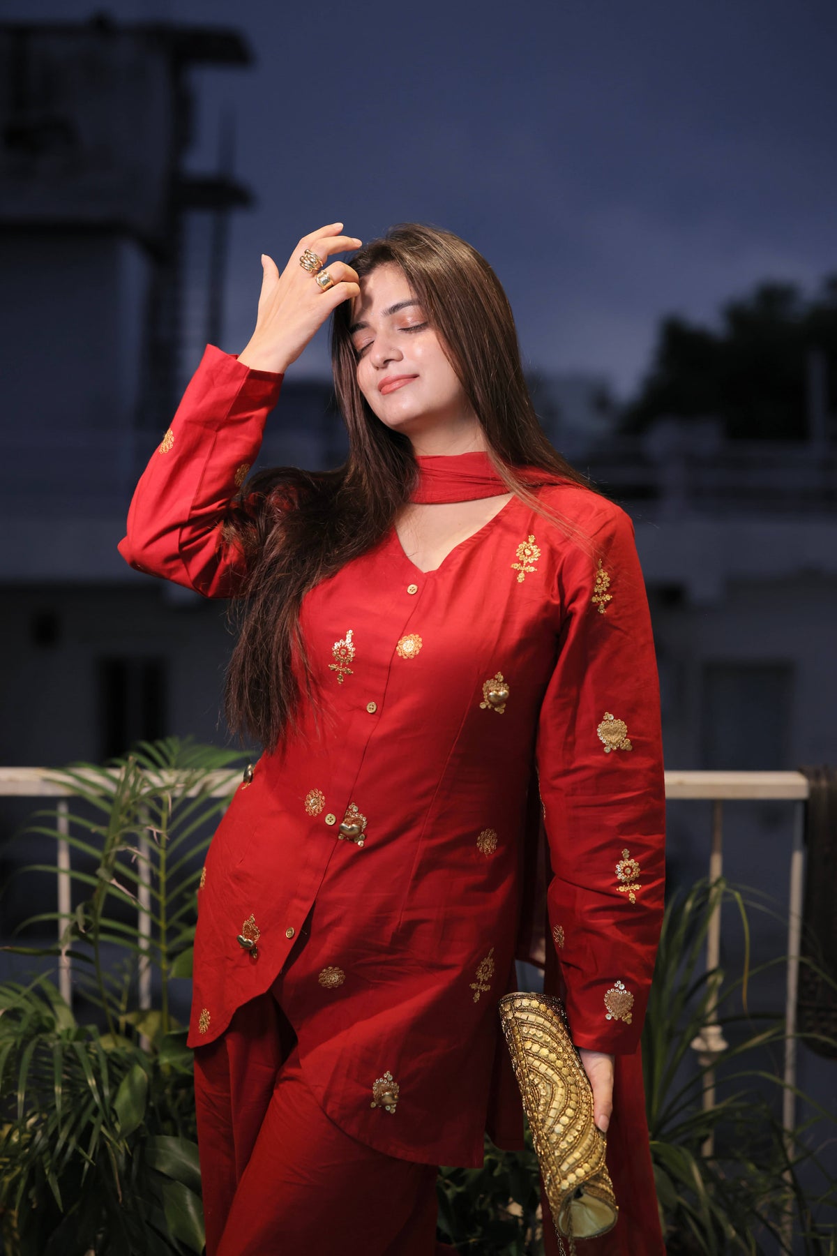 Festive Red 3D Metallic Heart Embroidery Kurta Set With Dupatta