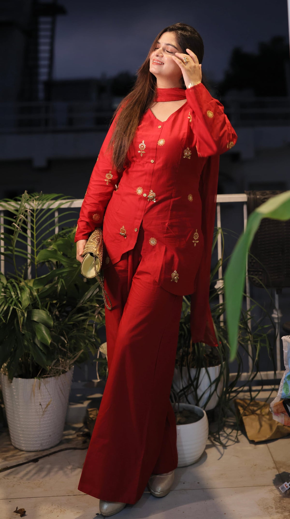 Festive Red 3D Metallic Heart Embroidery Kurta Set With Dupatta