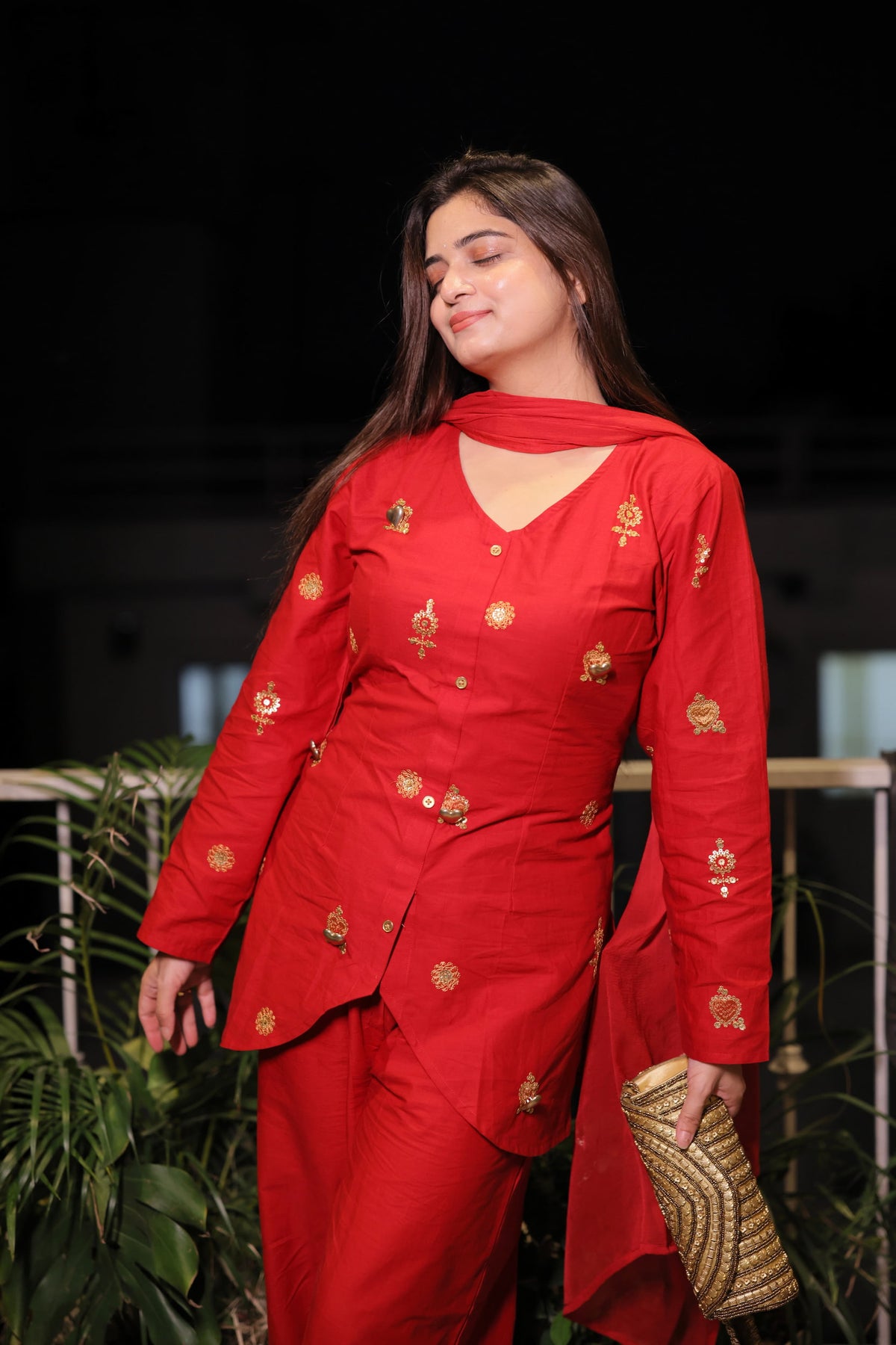 Festive Red 3D Metallic Heart Embroidery Kurta Set With Dupatta