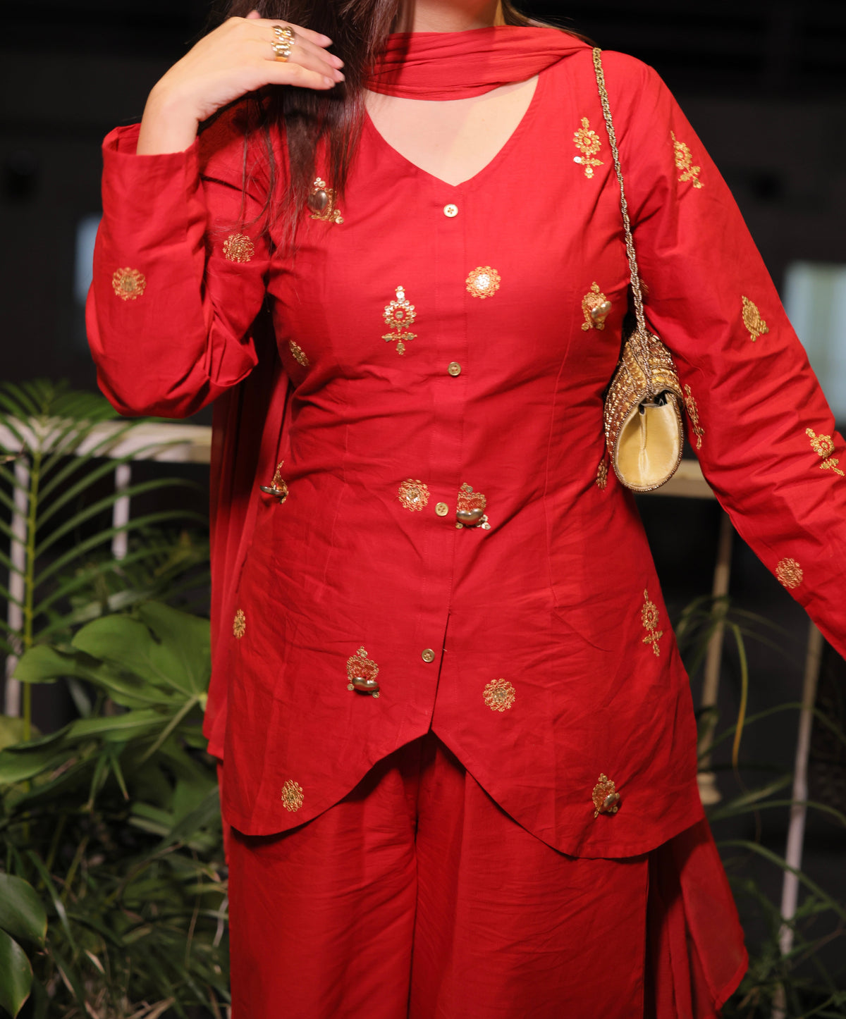Festive Red 3D Metallic Heart Embroidery Kurta Set With Dupatta