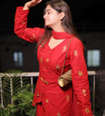 Festive Red 3D Metallic Heart Embroidery Kurta Set With Dupatta