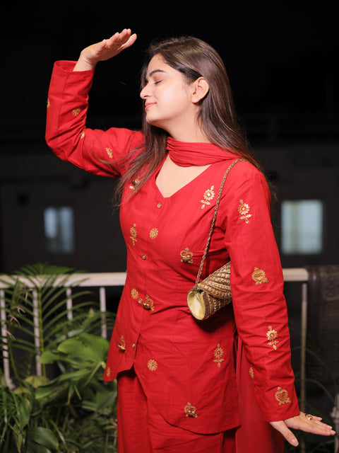 Festive Red 3D Metallic Heart Embroidery Kurta Set With Dupatta