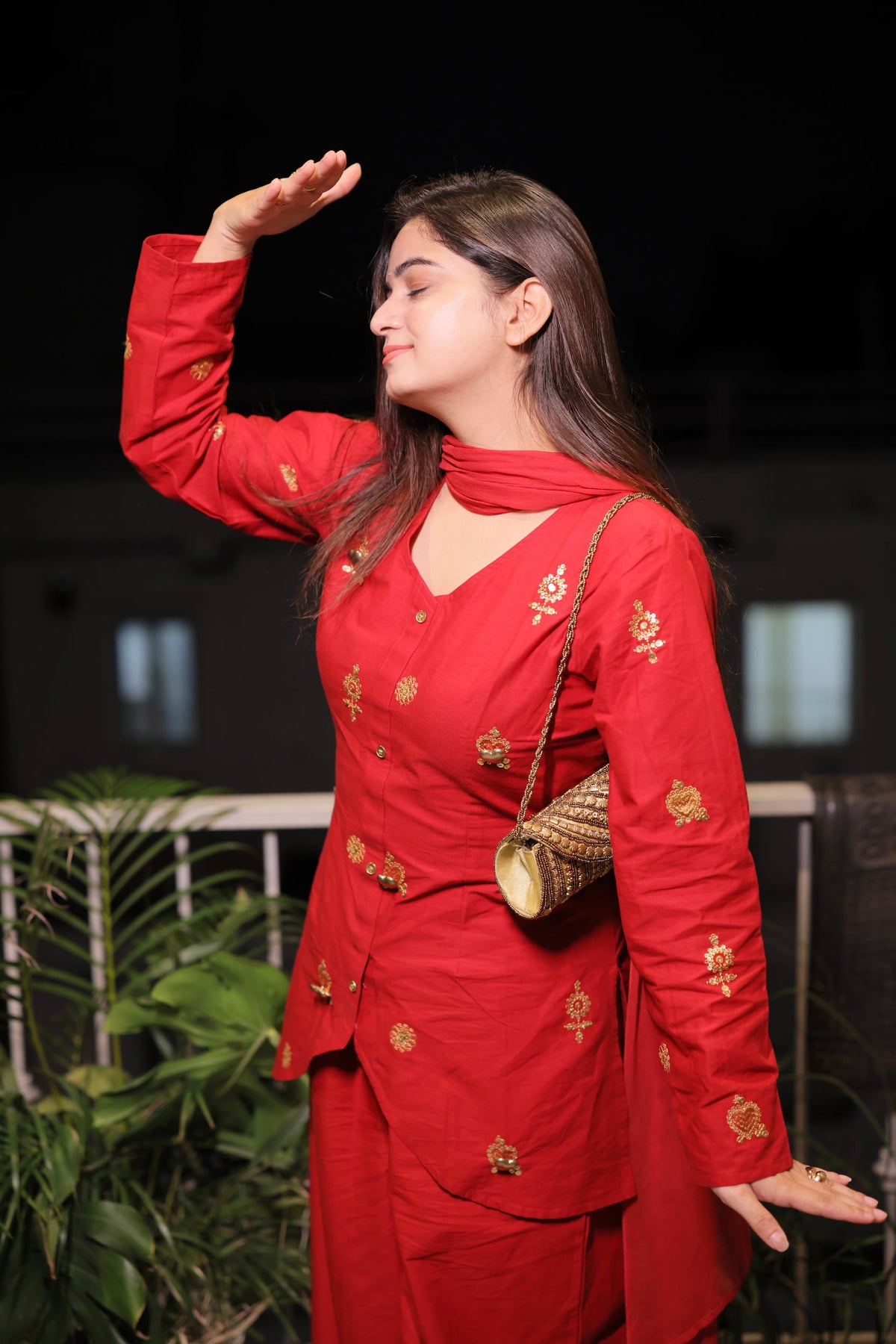 Festive Red 3D Metallic Heart Embroidery Kurta Set With Dupatta