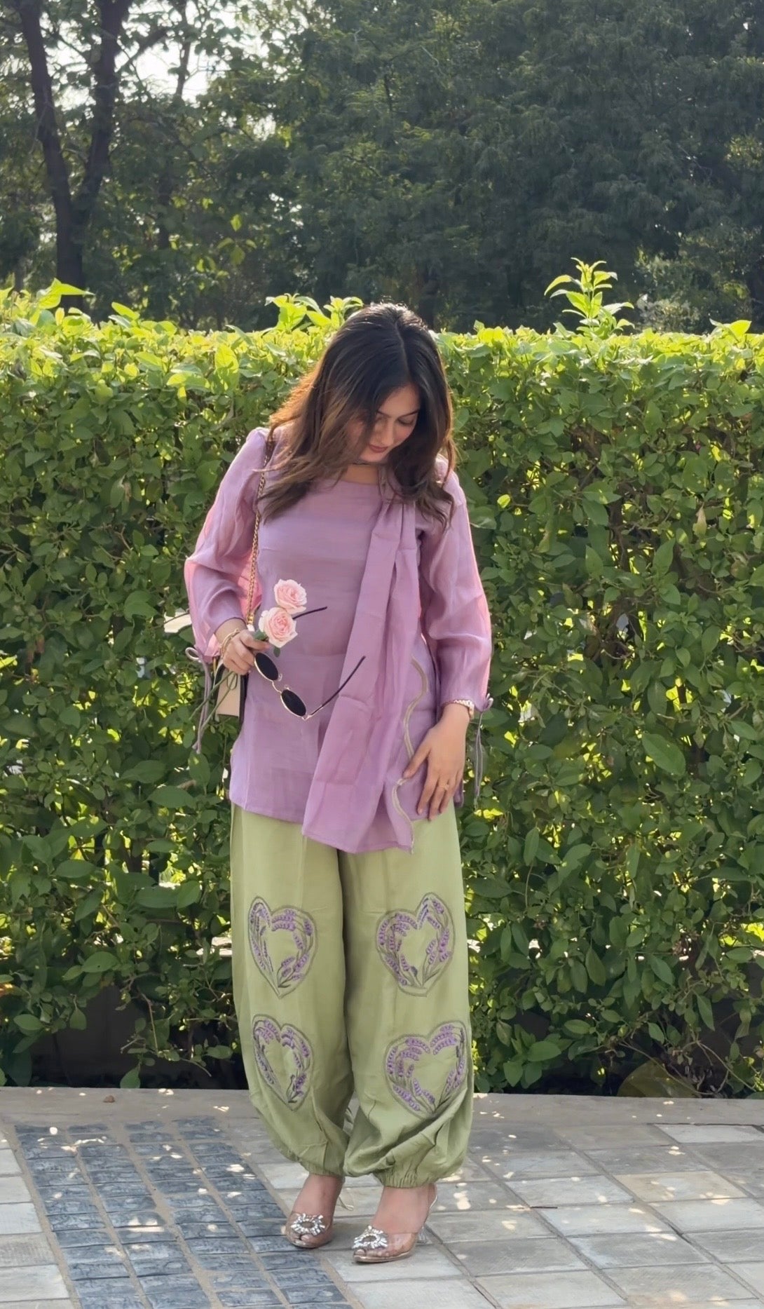 Lavender And Matcha Balloon Pant 3 Pcs Set