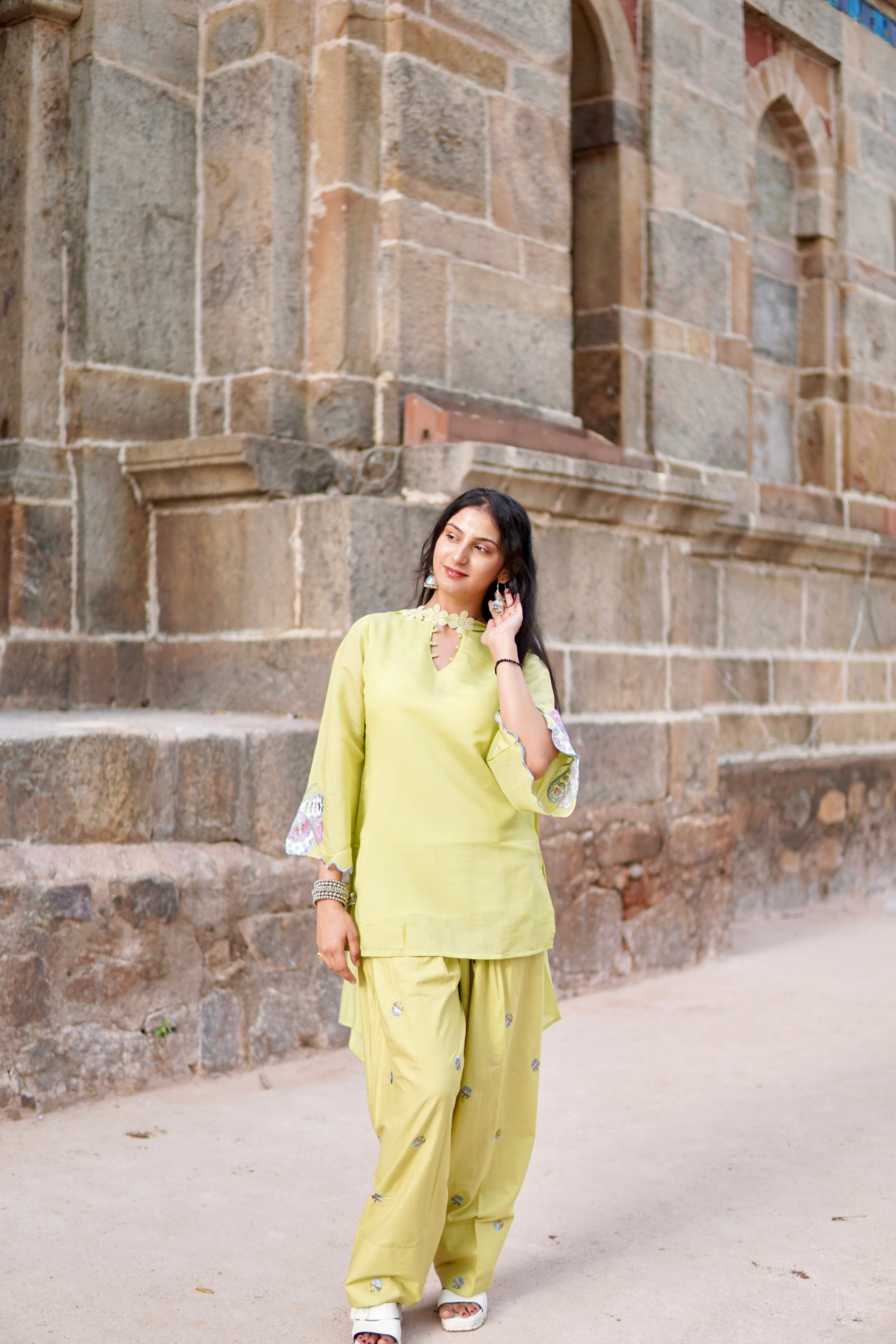 Pista Green Farsi Salwar Set Embroidery