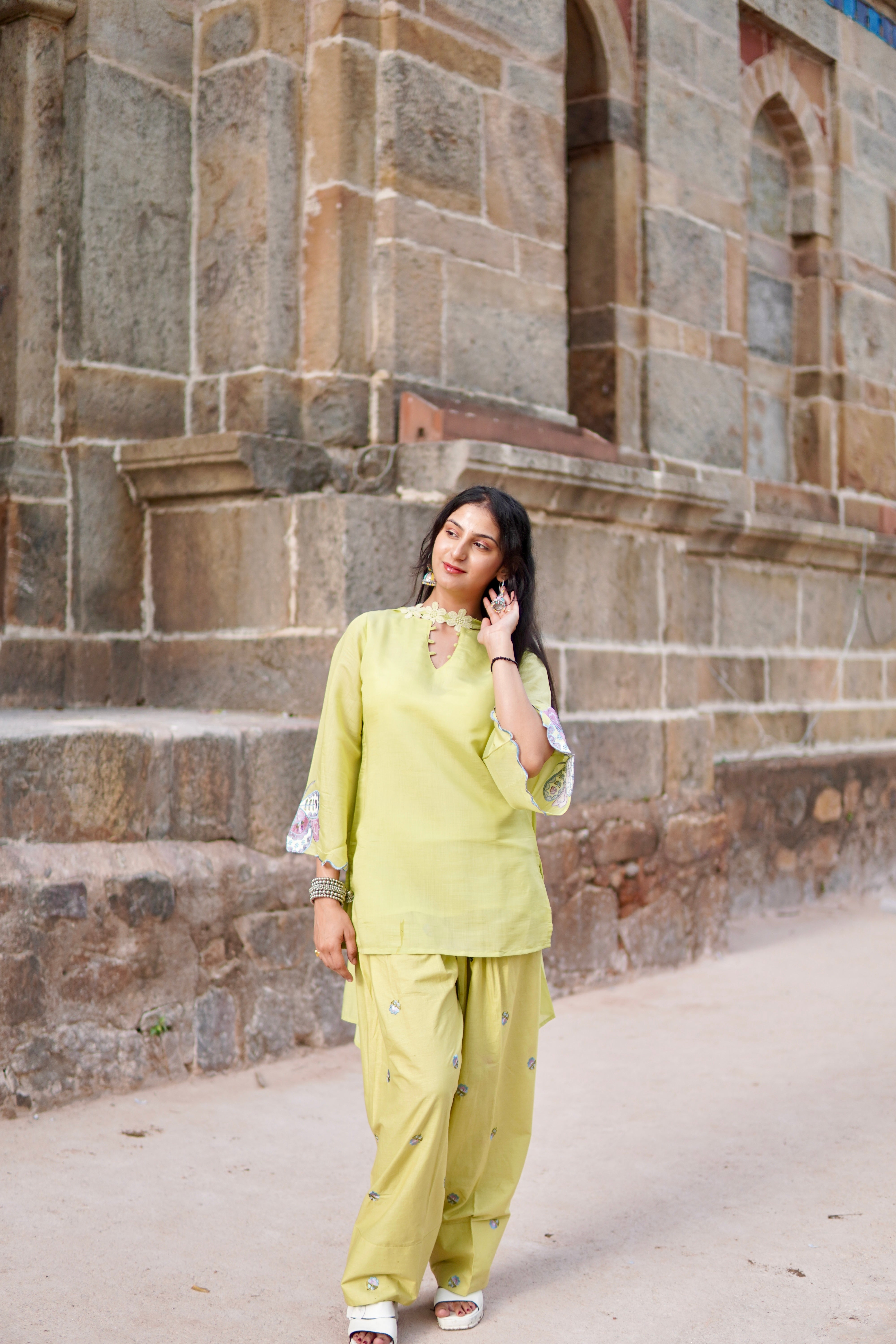 Pista Green Farsi Salwar Set Embroidery