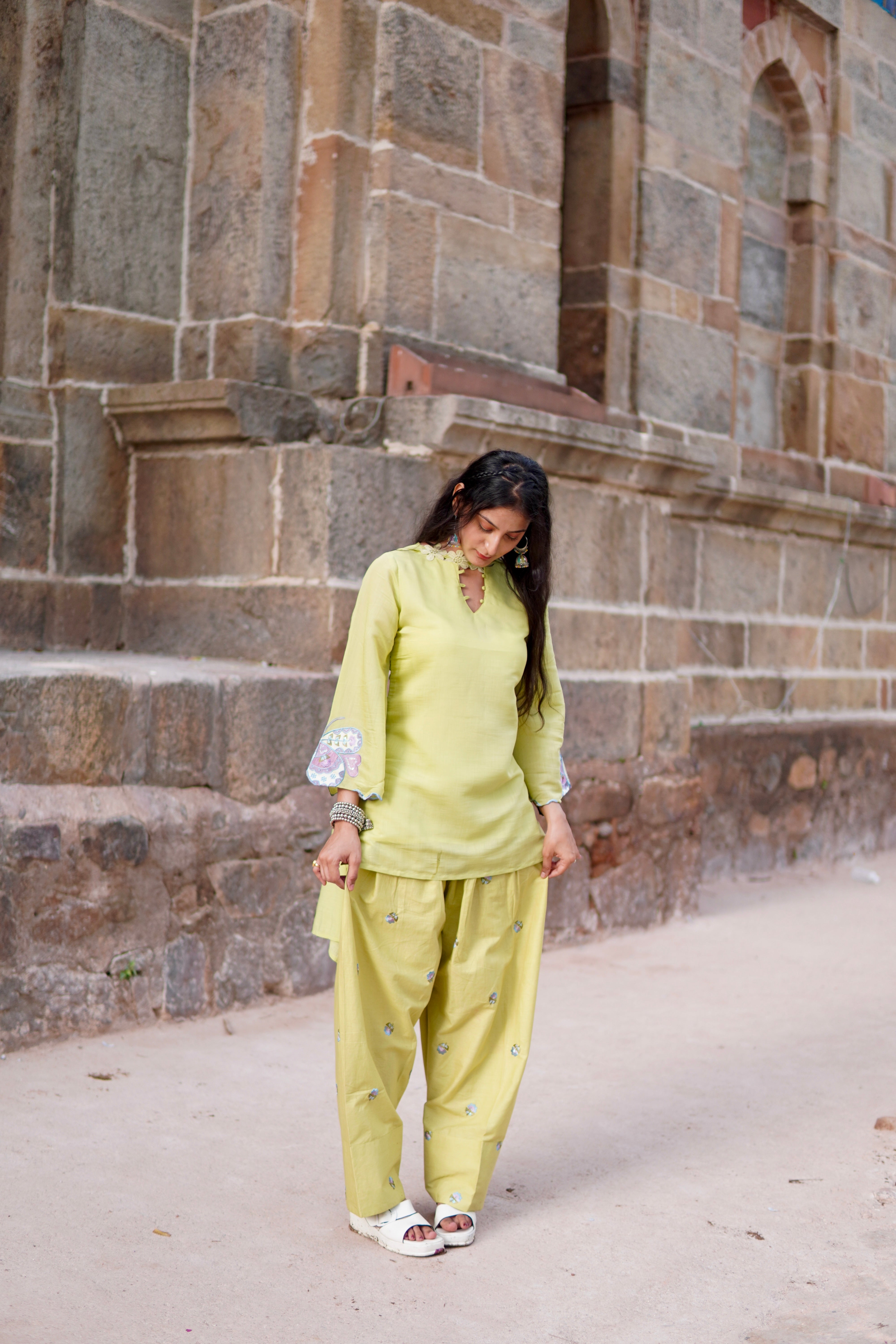 Pista Green Farsi Salwar Set Embroidery